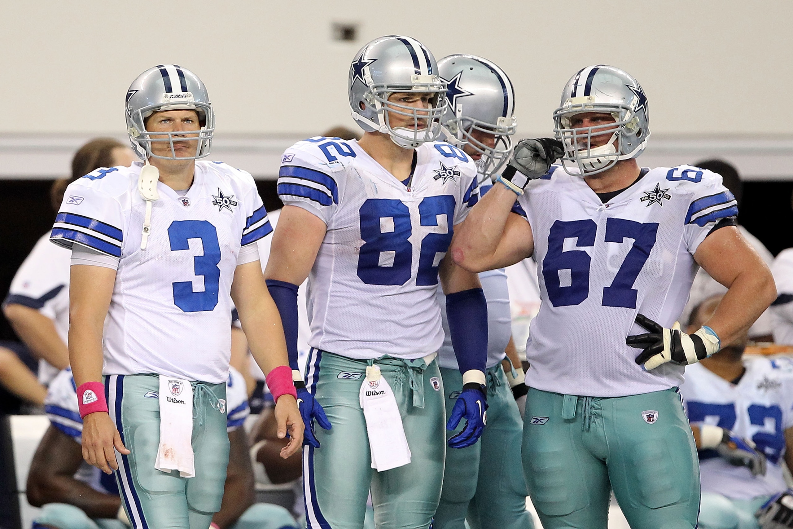 ARLINGTON, TX - OCTOBER 31: (L-R) Jon Kitna #3, Jason Witten #82 and Phil Costa #67 of the Dallas Cowboys look on from the sideline late in the fourth quarter against the Jacksonville Jaguars at Cowboys Stadium on October 31, 2010 in Arlington, Texas. ( ARLINGTON, TX - OCTOBER 31: (L-R) Jon Kitna #3, Jason Witten #82 and Phil Costa #67 of the Dallas Cowboys look on from the sideline late in the fourth quarter against the Jacksonville Jaguars at Cowboys Stadium on October 31, 2010 in Arlington, Texas. (