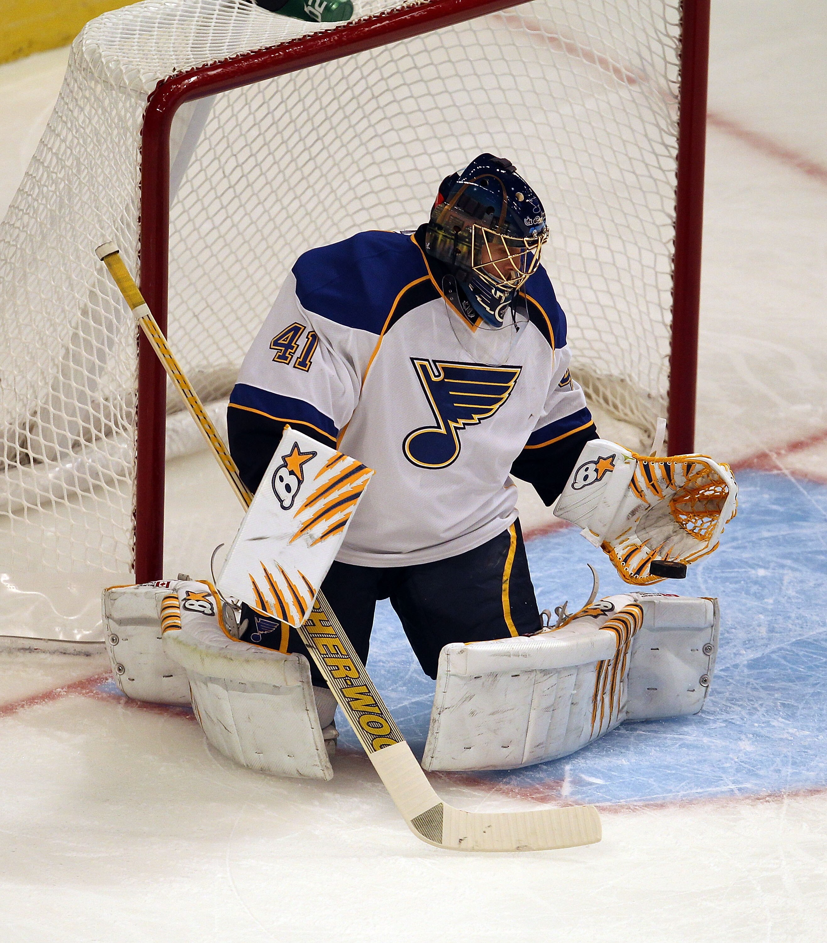 CHICAGO - OCTOBER 18: Jaroslav Halak #41 of the St. Louis Blues stops a shot against the Chicago Blackhawks at the United Center on October 18, 2010 in Chicago, Illinois. The Blackhawks defeated the Blues 3-2 in overtime. (Photo by Jonathan Daniel/Getty I