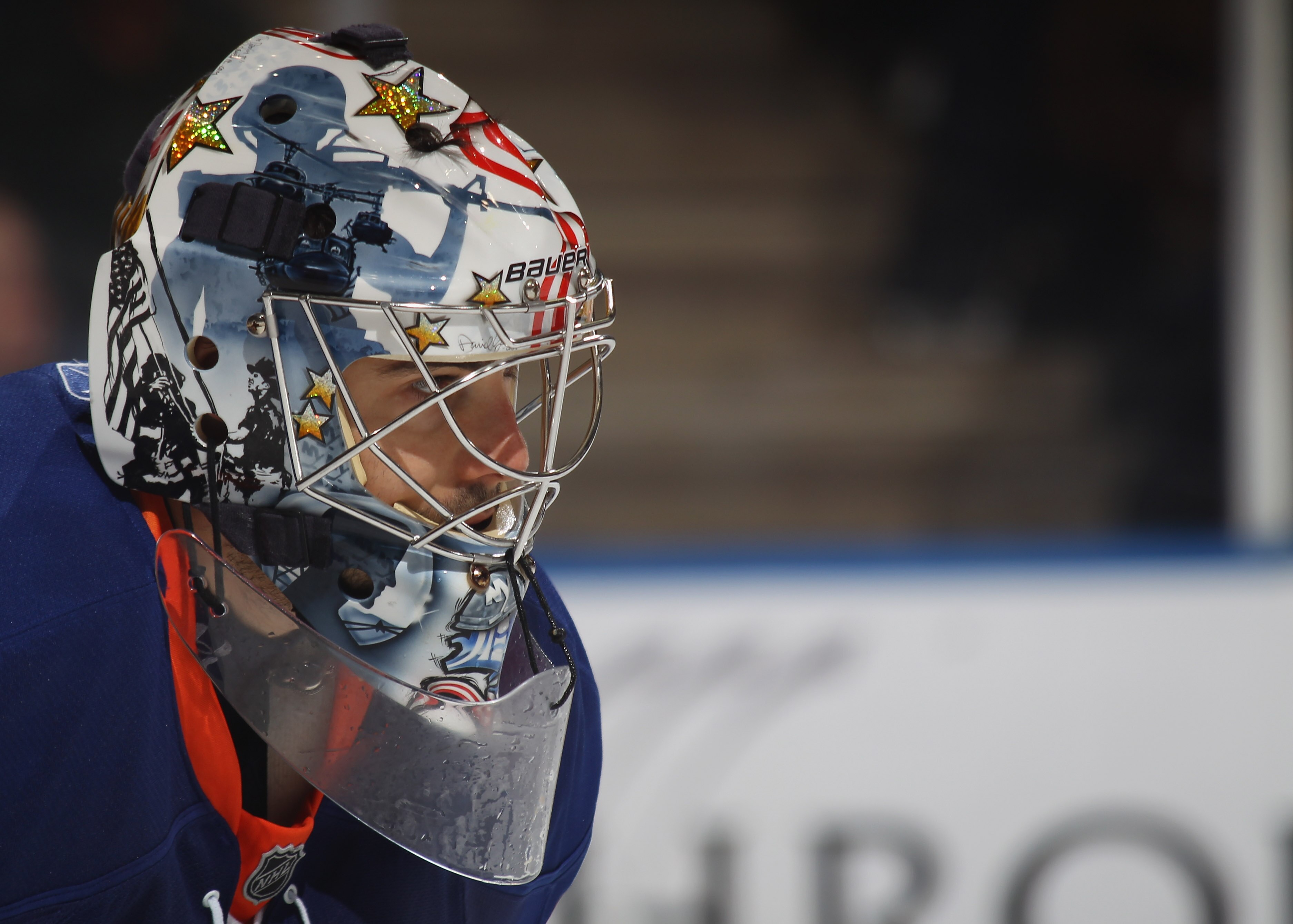 UNIONDALE, NY - OCTOBER 02:  Rick DiPietro #39 of the New York Islanders tends net against the New Jersey Devils at the Nassau Veterans Memorial Coliseum on October 2, 2010 in Uniondale, New York. The Islanders defeated the Devils 2-1.  (Photo by Bruce Be