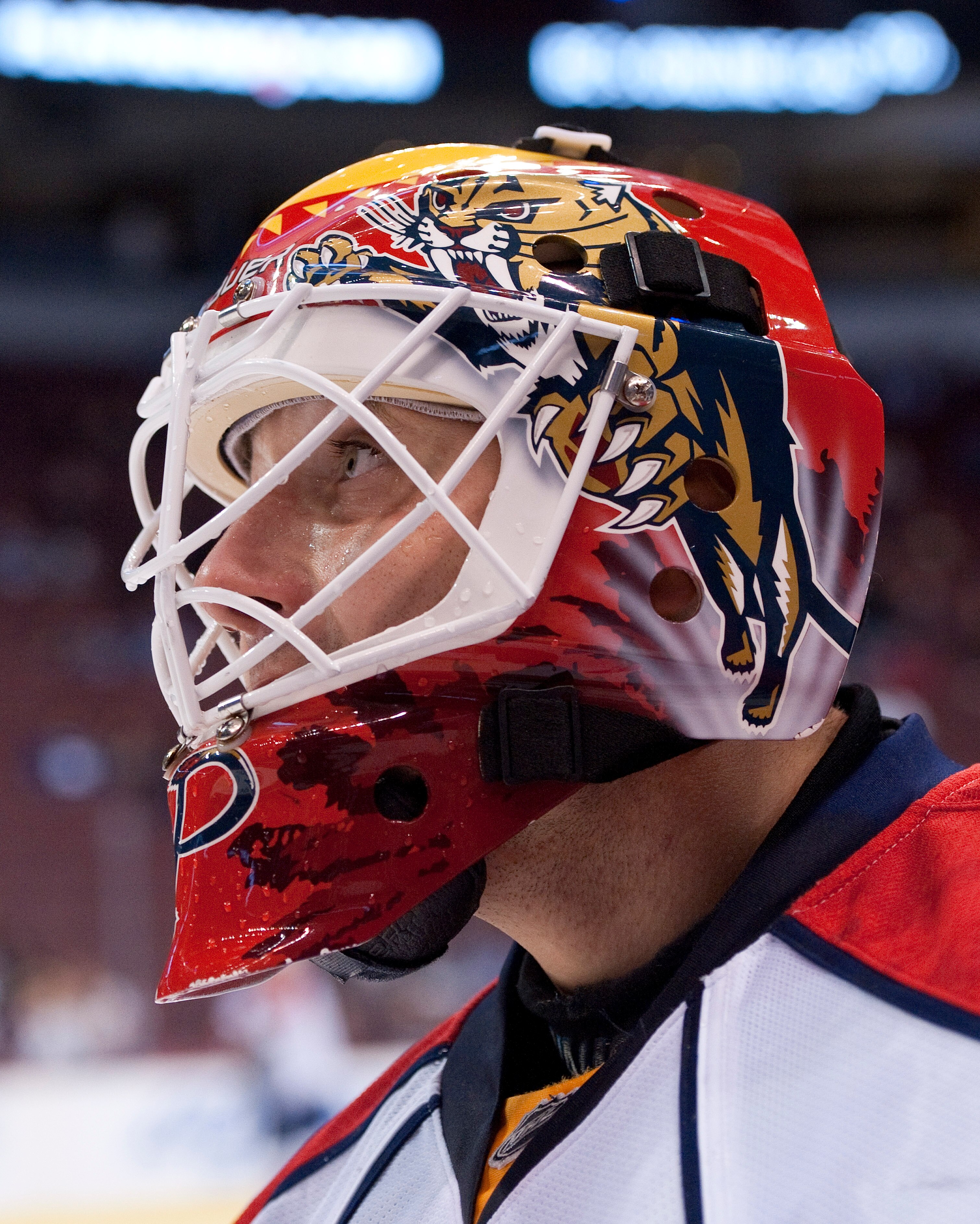 VANCOUVER, CANADA - OCTOBER 11: Goalie Tomas Vokoun #29 of the Florida Panthers watches his teammates during the pre-game warm up prior to NHL action against the Vancouver Canucks on October 11, 2010 at Rogers Arena in Vancouver, British Columbia, Canada.