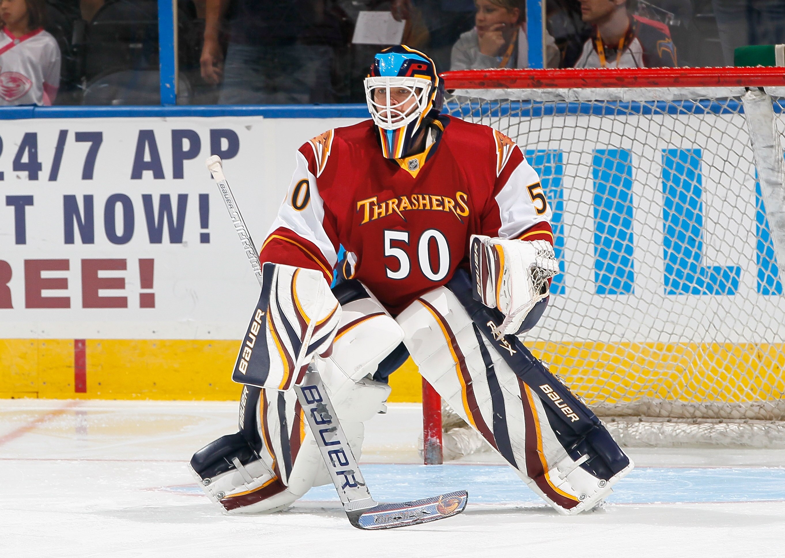 ATLANTA - OCTOBER 22:  Goaltender Chris Mason #50 of the Atlanta Thrashers against the Tampa Bay Lightning at Philips Arena on October 22, 2010 in Atlanta, Georgia.  (Photo by Kevin C. Cox/Getty Images)