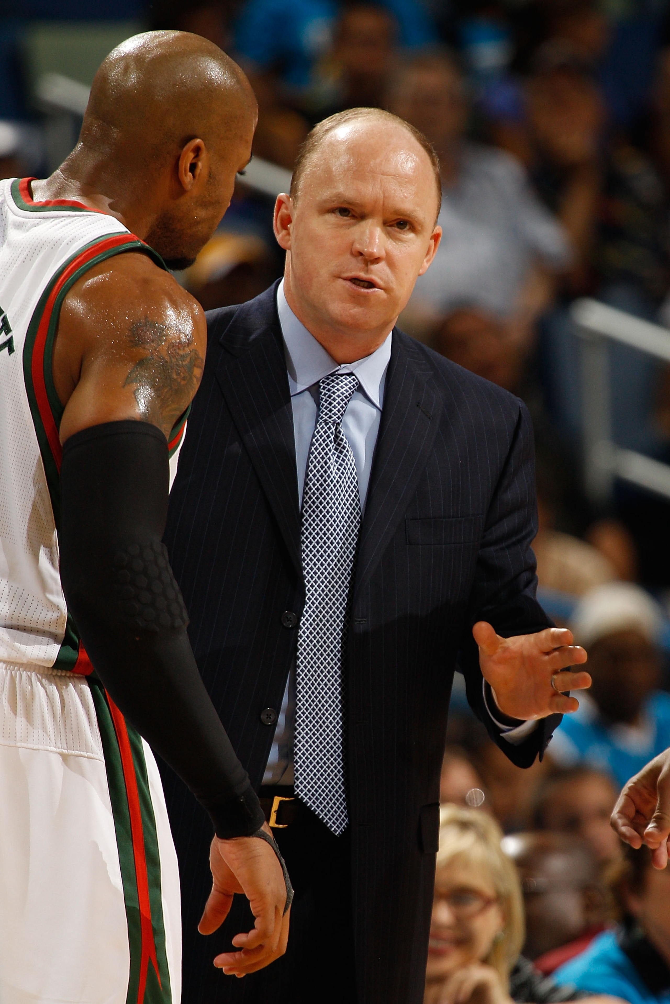 NEW ORLEANS - OCTOBER 27:  Head coach Scott Skiles of the Milwaukee Bucks talks with his team during a timeout during the game against the New Orleans Hornets at the New Orleans Arena on October 27, 2010 in New Orleans, Louisiana.   The Hornets defeated t