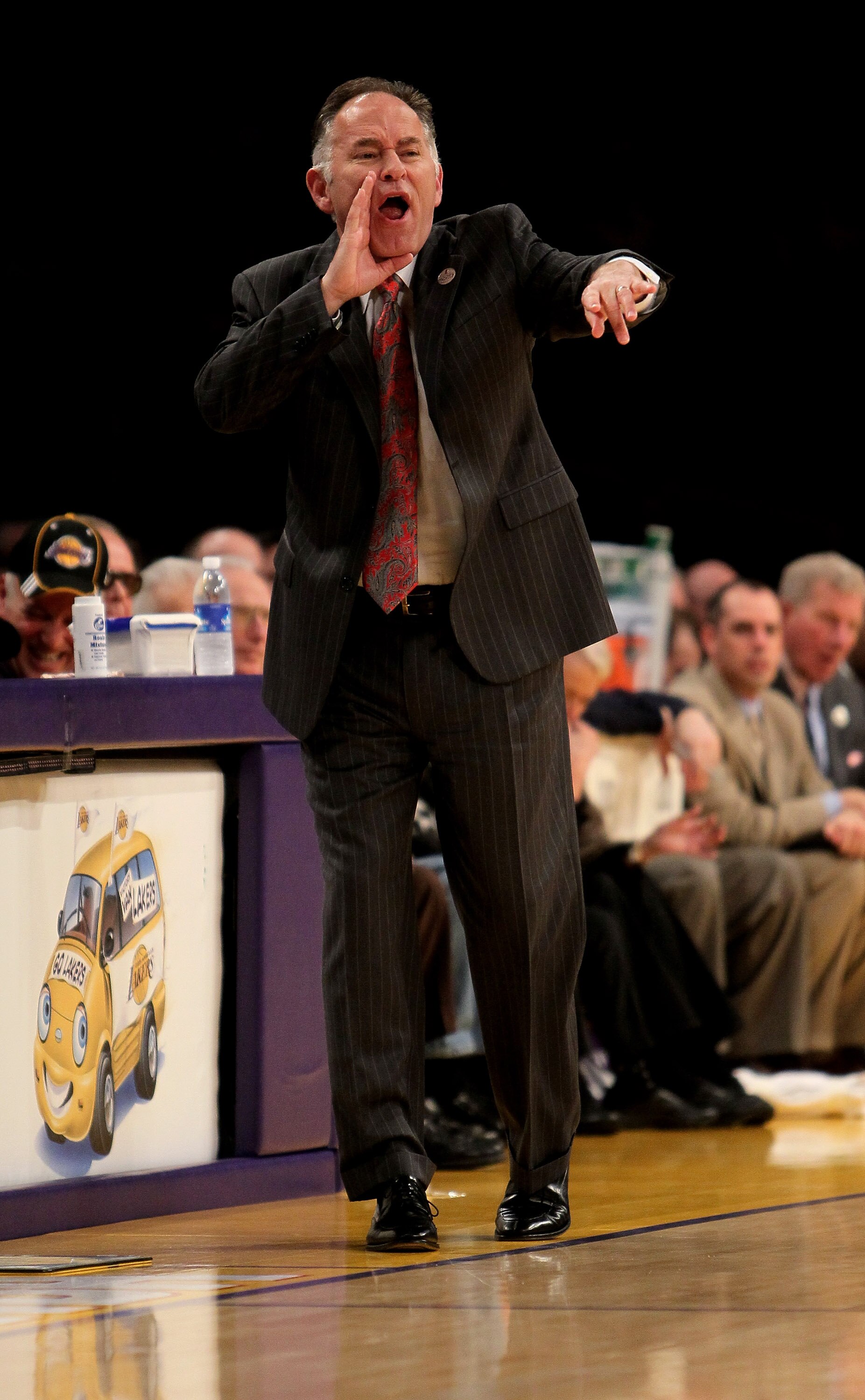 LOS ANGELES - MARCH 2:   Head coach Jim O'Brien of the Indiana Pacers shouts instructions in the game against the Los Angeles Lakers on March 2, 2010 at Staples Center in Los Angeles, California. The Lakers won 122-99.  NOTE TO USER: User expressly acknow