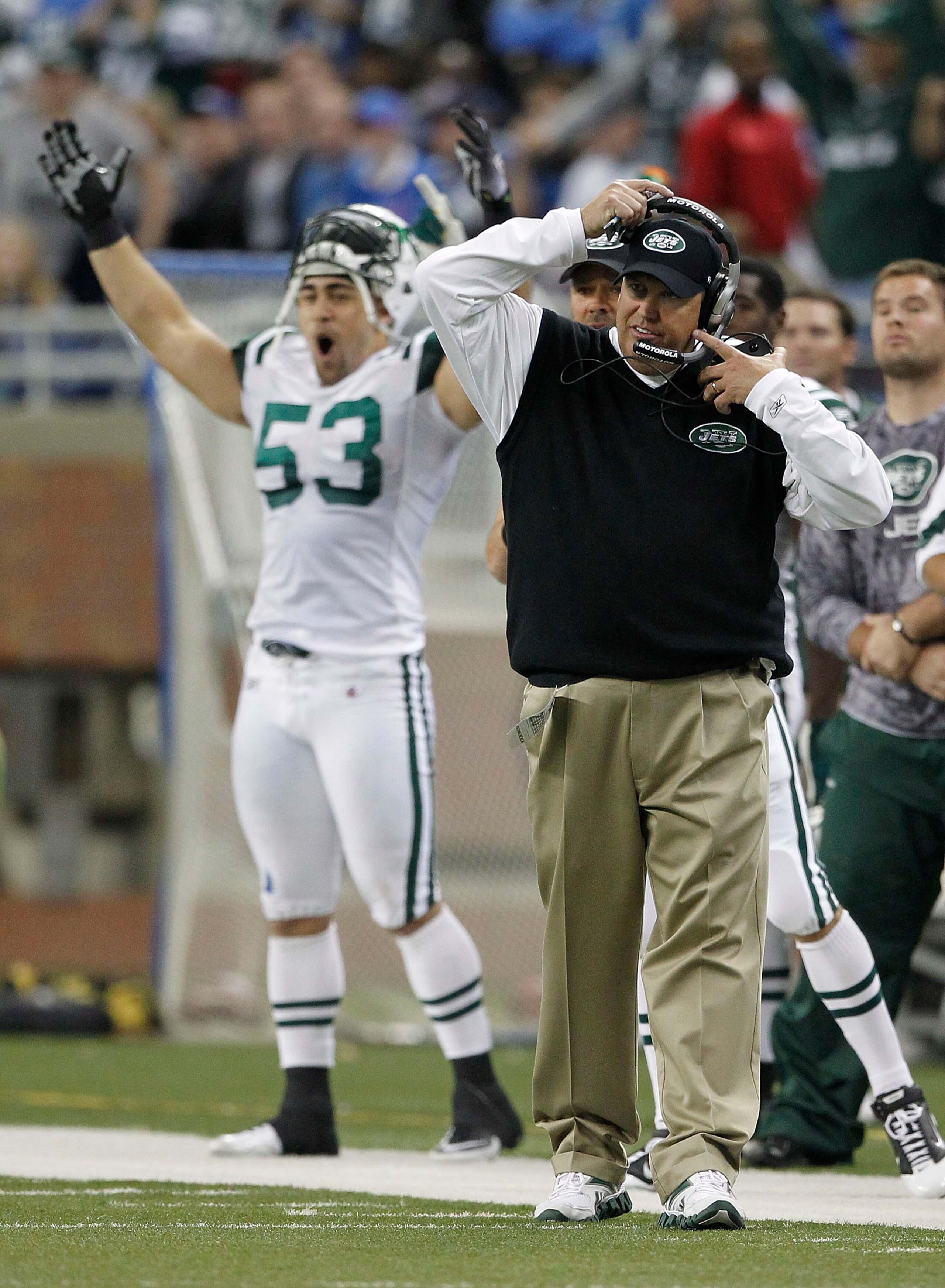 DETROIT - NOVEMBER 07: Head coach Rex Ryan and Josh Mauga #53 of the New York Jets celebrate a 23-20 ovetime win over the Detroit Lions at Ford Field on November 7, 2010 in Detroit, Michigan. The Jets defeated the Lions 23-20 in overtime. (Photo by Leon DETROIT - NOVEMBER 07: Head coach Rex Ryan and Josh Mauga #53 of the New York Jets celebrate a 23-20 ovetime win over the Detroit Lions at Ford Field on November 7, 2010 in Detroit, Michigan. The Jets defeated the Lions 23-20 in overtime. (Photo by Leon