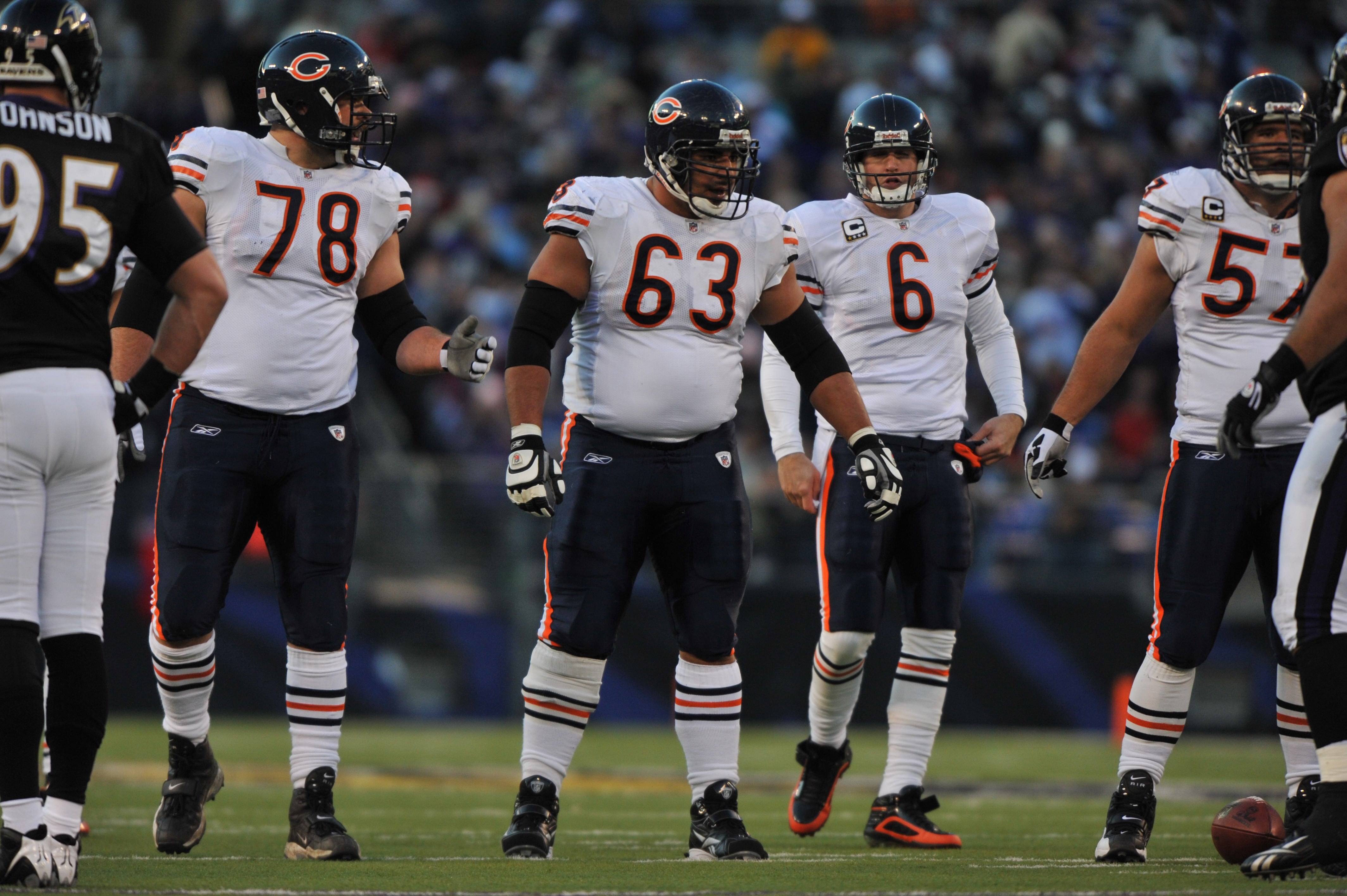 BALTIMORE - DECEMBER 20:  Roberto Garza of the Chicago Bears walks to the line of scrimmage during the game against the Baltimore Ravens at M&T Bank Stadium on December 20, 2009 in Baltimore, Maryland. The Ravens defeated the Bears 31-7. (Photo by Larry F