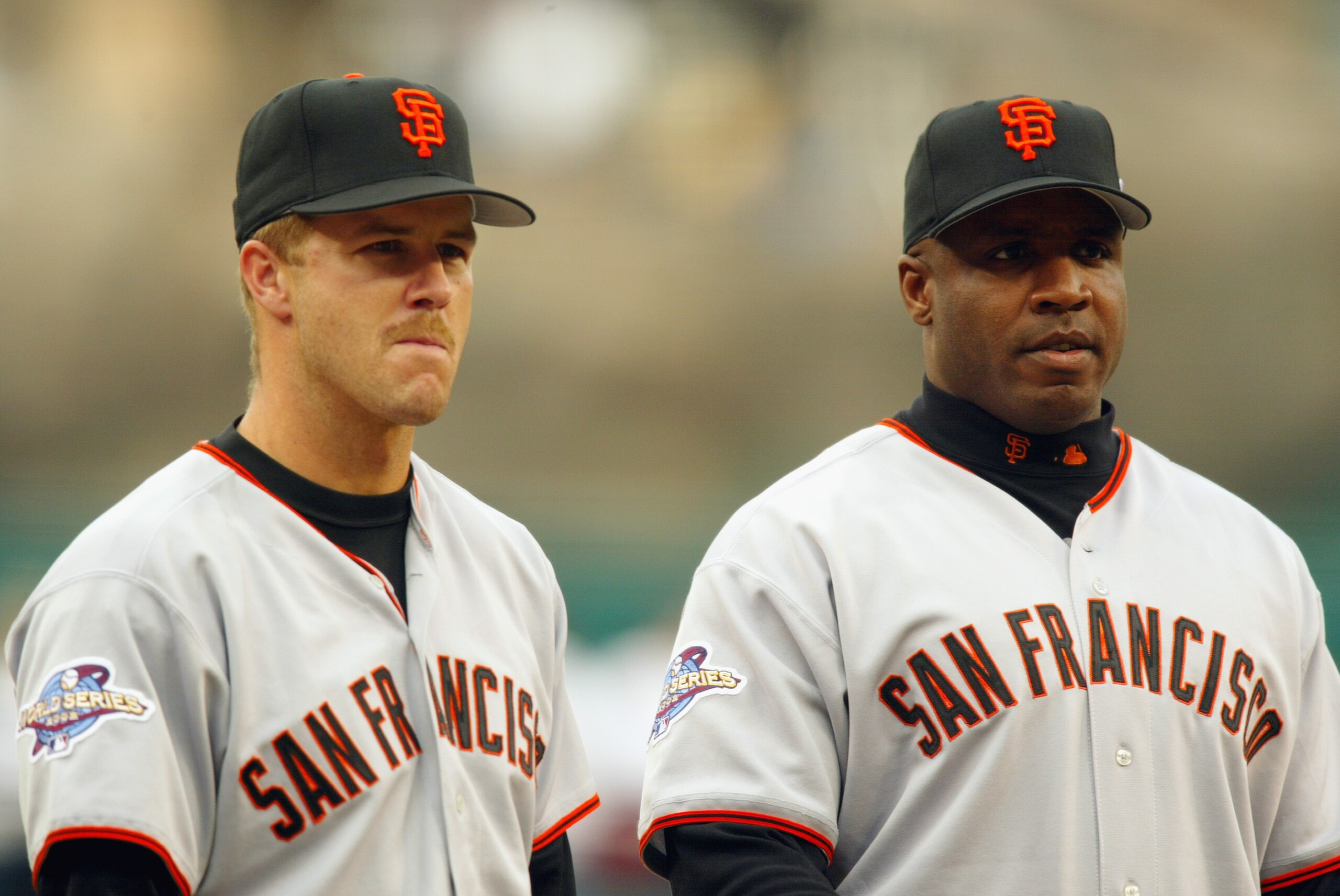 ANAHEIM, CA - OCTOBER 19: Portrait of (L-R) Second Baseman Jeff Kent #21 and Left Fielder Barry Bonds #25 both of the San Francisco Giants during game one of the World Series against the Anaheim Angels on October 19, 2002 at Edison Field in Anaheim, Cali ANAHEIM, CA - OCTOBER 19: Portrait of (L-R) Second Baseman Jeff Kent #21 and Left Fielder Barry Bonds #25 both of the San Francisco Giants during game one of the World Series against the Anaheim Angels on October 19, 2002 at Edison Field in Anaheim, Cali