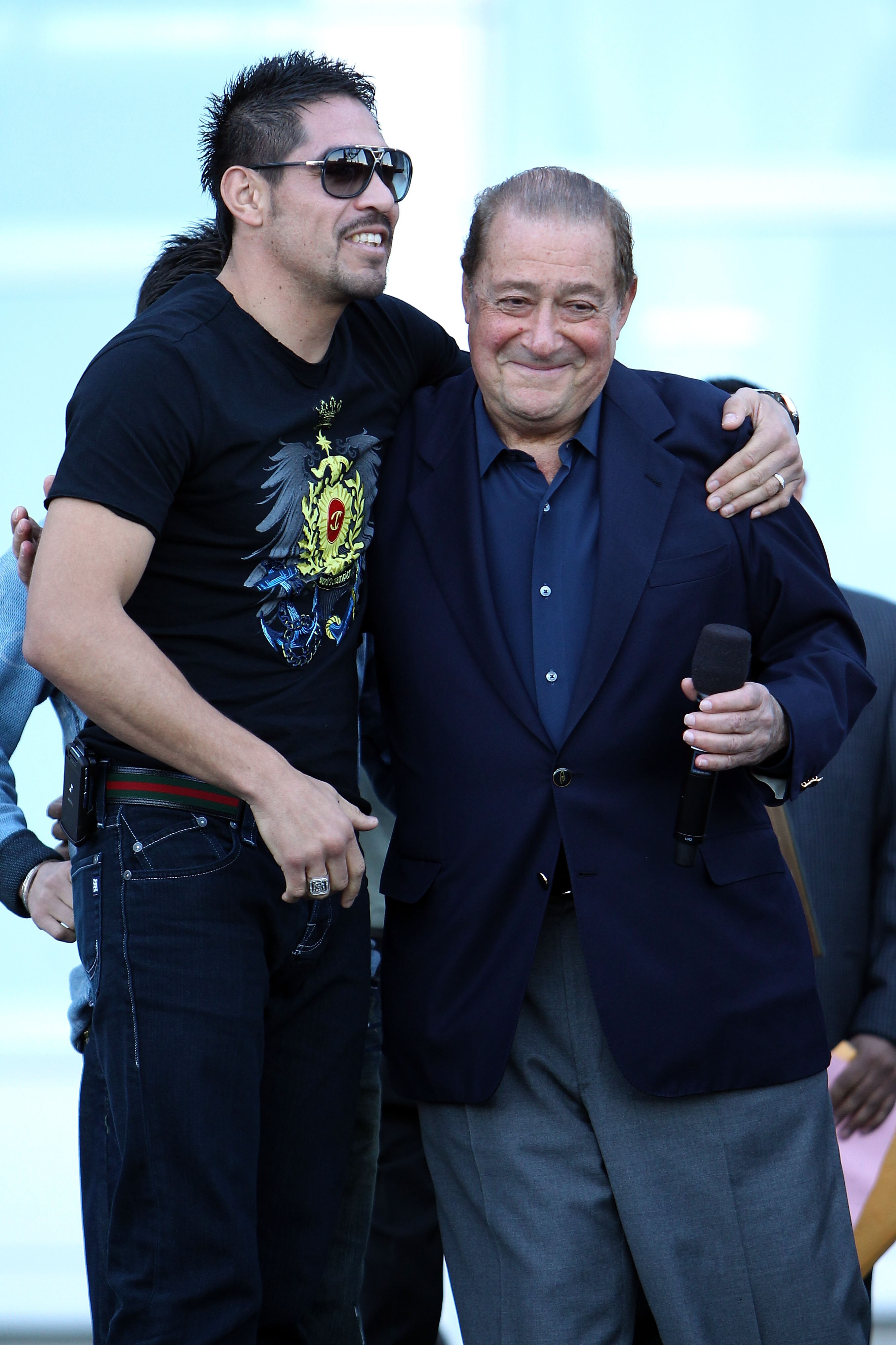 ARLINGTON, TX - MARCH 12:  Boxer Antonio Margarito of Mexico and promoter Bob Arum pose in front of Cowboys Stadium before the weigh-in for the WBO welterweight title fight between Manny Pacquiao of the Philippines and Joshua Clottey of Ghana on March 12,