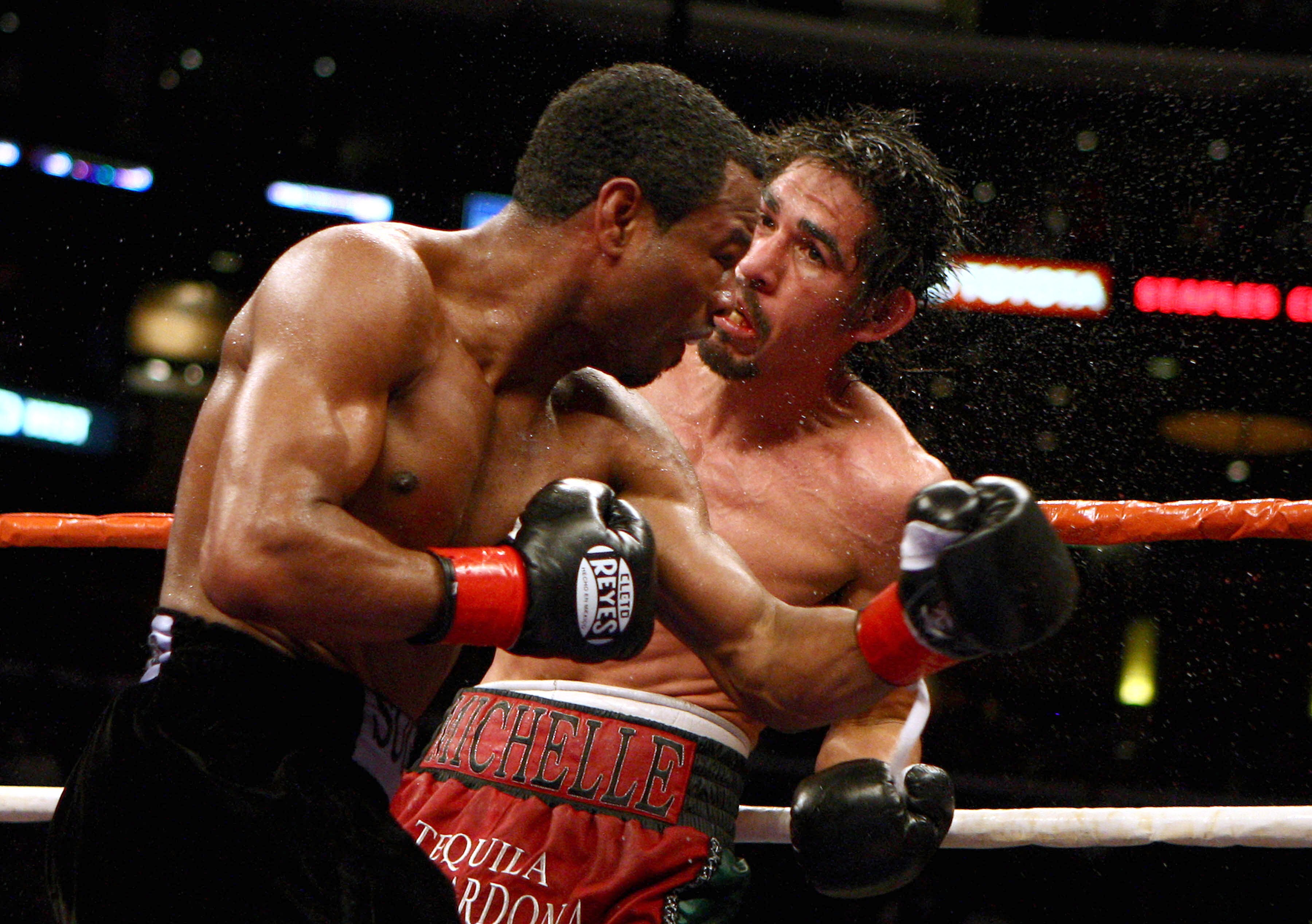LOS ANGELES - JANUARY 24:   Shane Mosley lands a punch on Antonio Margarito en route to his TKO in the ninth round after Margarito's corner threw in the towel during their WBA welterweight title fight on January 24, 2009 at the Staples Center in Los Angel