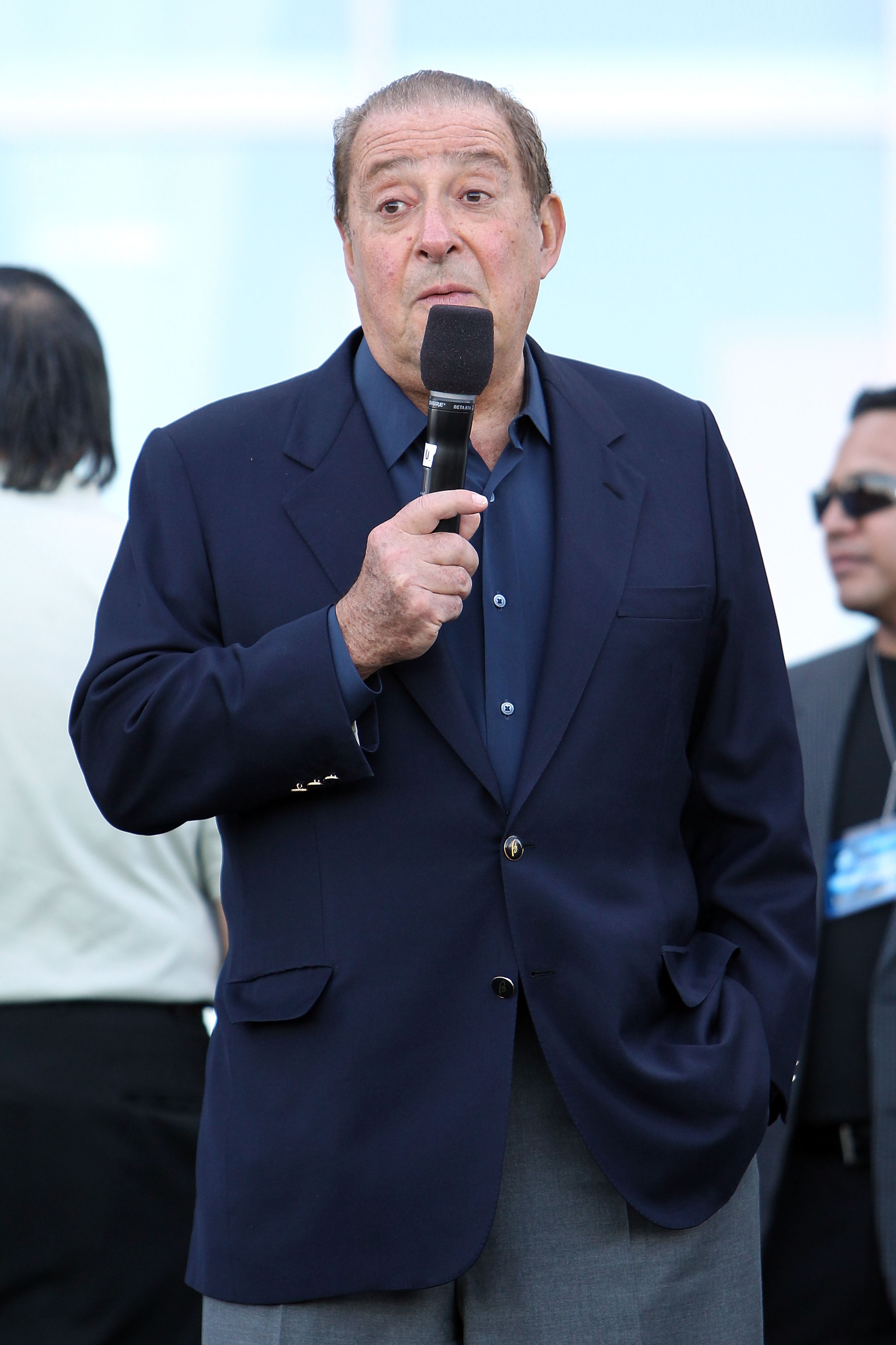 ARLINGTON, TX - MARCH 12:  Promoter Bob Arum talks in front of Cowboys Stadium before the weigh-in for the WBO welterweight title fight between Manny Pacquiao of the Philippines and Joshua Clottey of Ghana on March 12, 2010 in Arlington, Texas.  Pacquiao