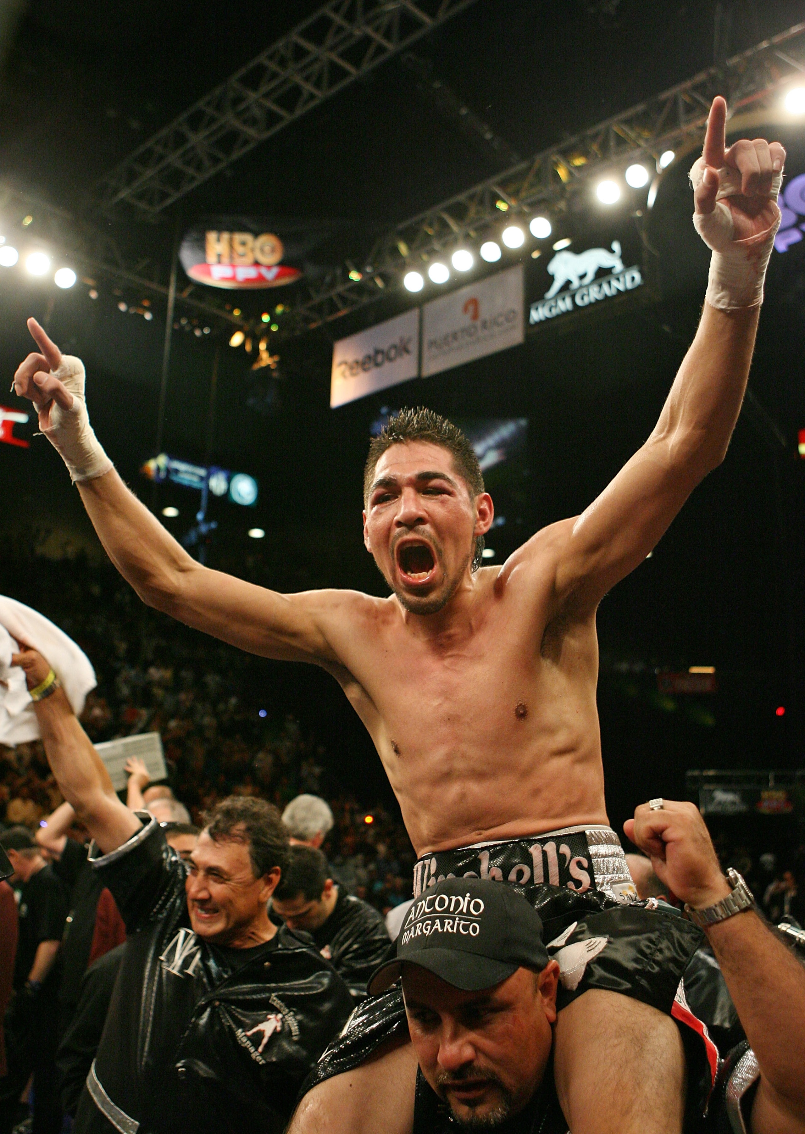 LAS VEGAS - JULY 26: Antonio Margarito celebrates his 11th-round TKO victory over Miguel Cotto to win the WBA welterweight championship at the MGM Grand Garden Arena July 26, 2008 in Las Vegas, Nevada. (Photo by Ethan Miller/Getty Images) LAS VEGAS - JULY 26: Antonio Margarito celebrates his 11th-round TKO victory over Miguel Cotto to win the WBA welterweight championship at the MGM Grand Garden Arena July 26, 2008 in Las Vegas, Nevada. (Photo by Ethan Miller/Getty Images)