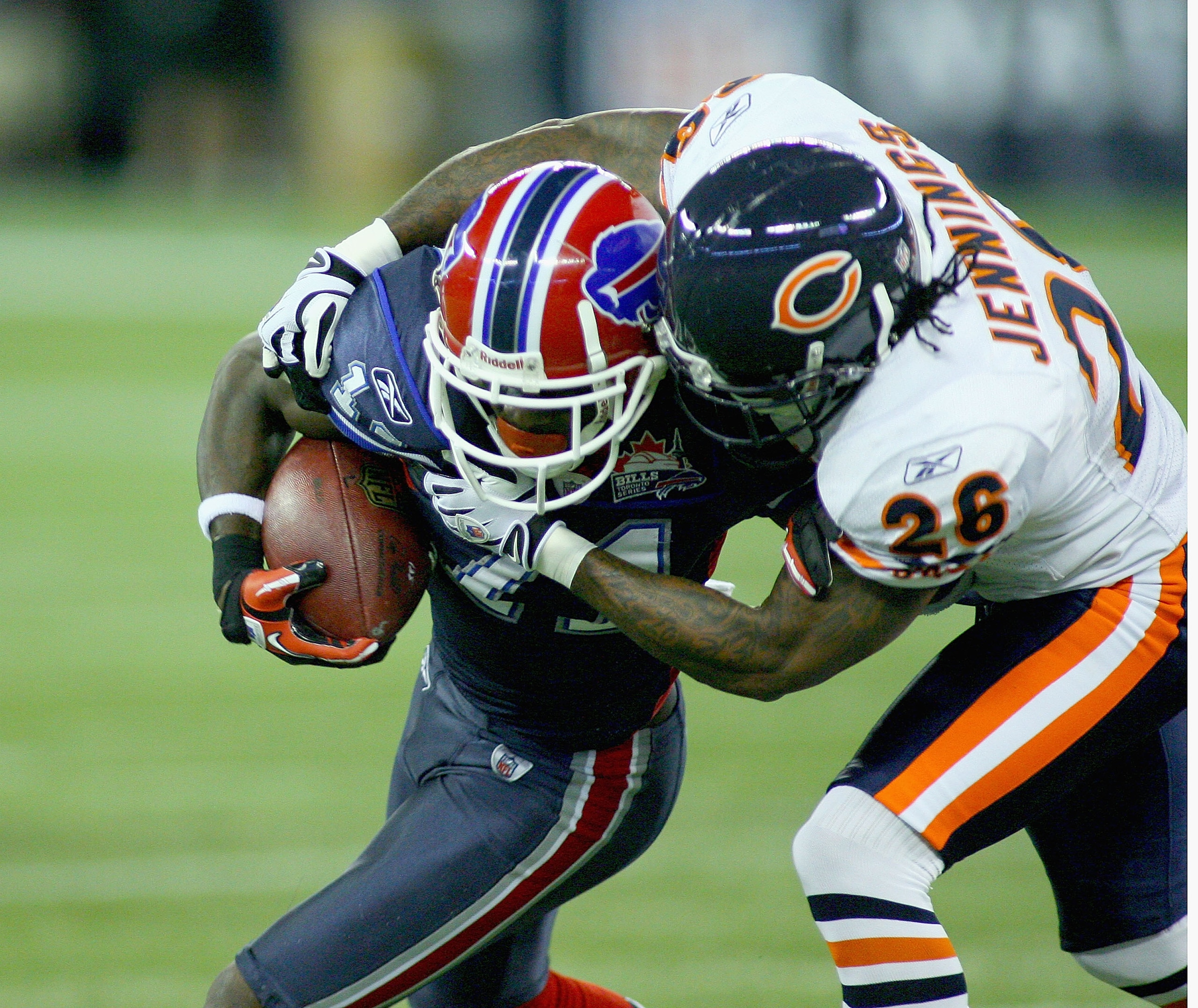 TORONTO, ON - NOVEMBER 07:  Roscoe Parrish #11 of the Buffalo Bills is tackled by Tim Jennings #26 of the Chicago Bears at Rogers Centre on November 7, 2010 in Toronto, Canada. Chicago won 22-19. (Photo by Rick Stewart/Getty Images)