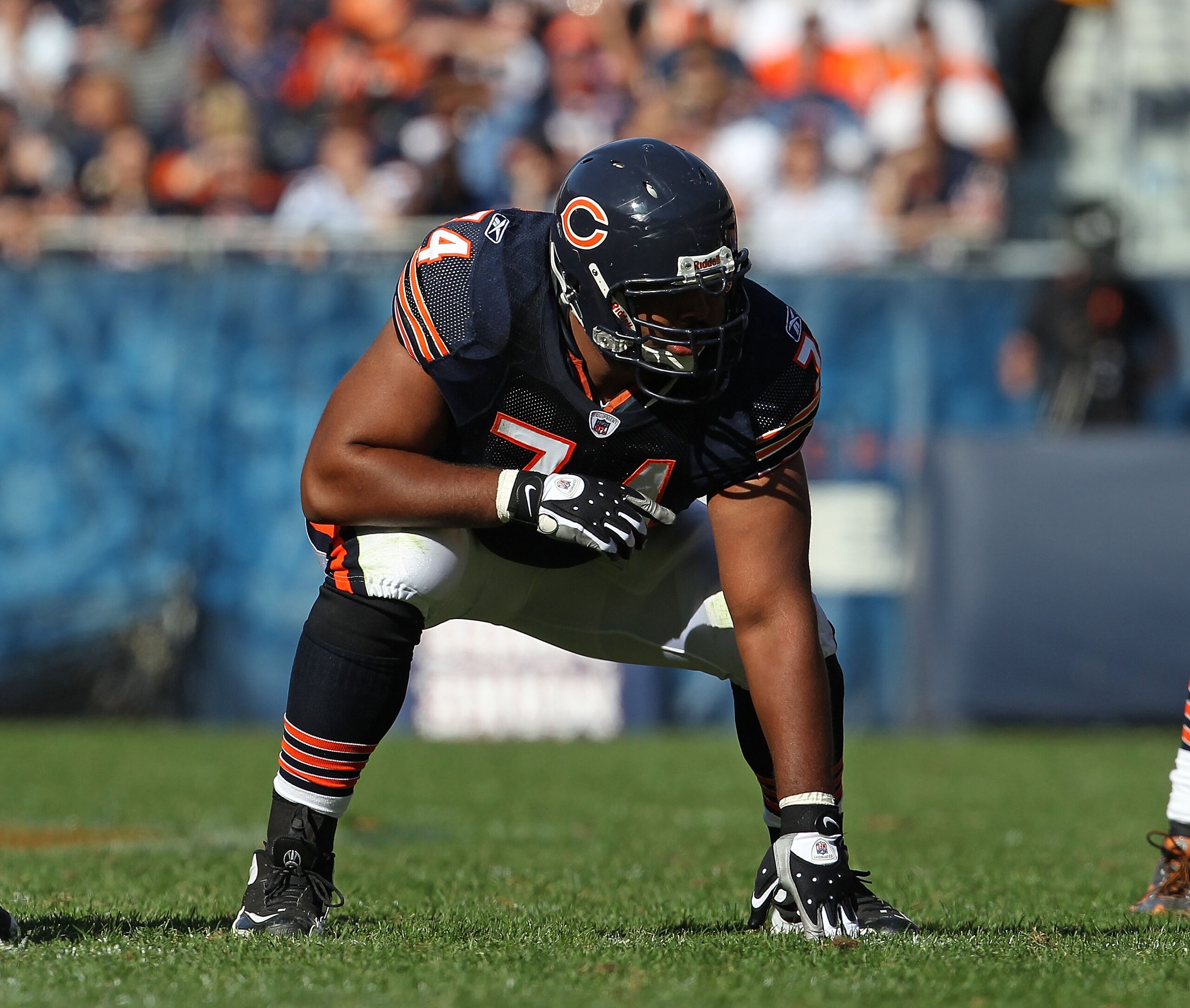 CHICAGO - OCTOBER 17: Chris Williams #74 of the Chicago Bears awaits the start of play against the Seattle Seahawks at Soldier Field on October 17, 2010 in Chicago, Illinois. The Seahawks defeated the Bears 23-20. (Photo by Jonathan Daniel/Getty Images)
