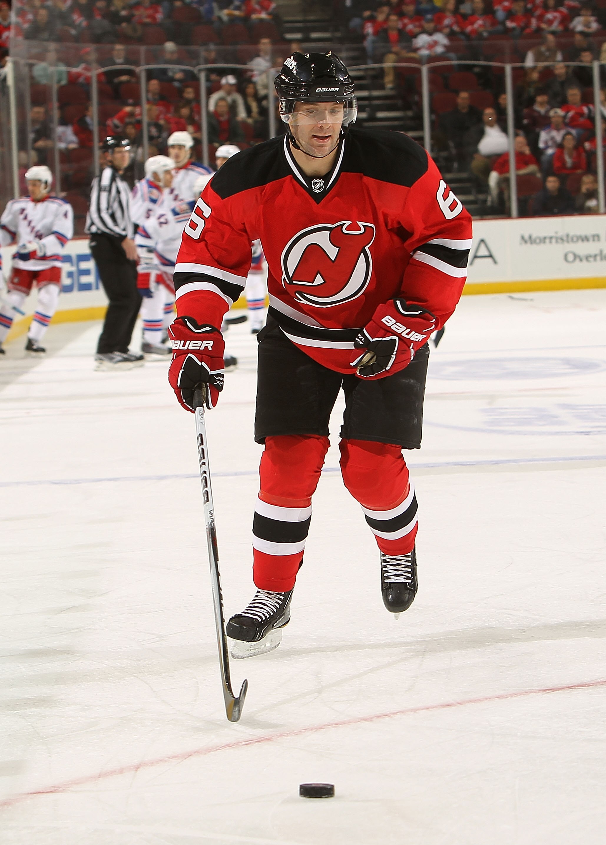 NEWARK, NJ - NOVEMBER 05: Andy Greene #6 of the New Jersey Devils skates against the New York Rangers at the Prudential Center on November 5, 2010 in Newark, New Jersey.  (Photo by Nick Laham/Getty Images)