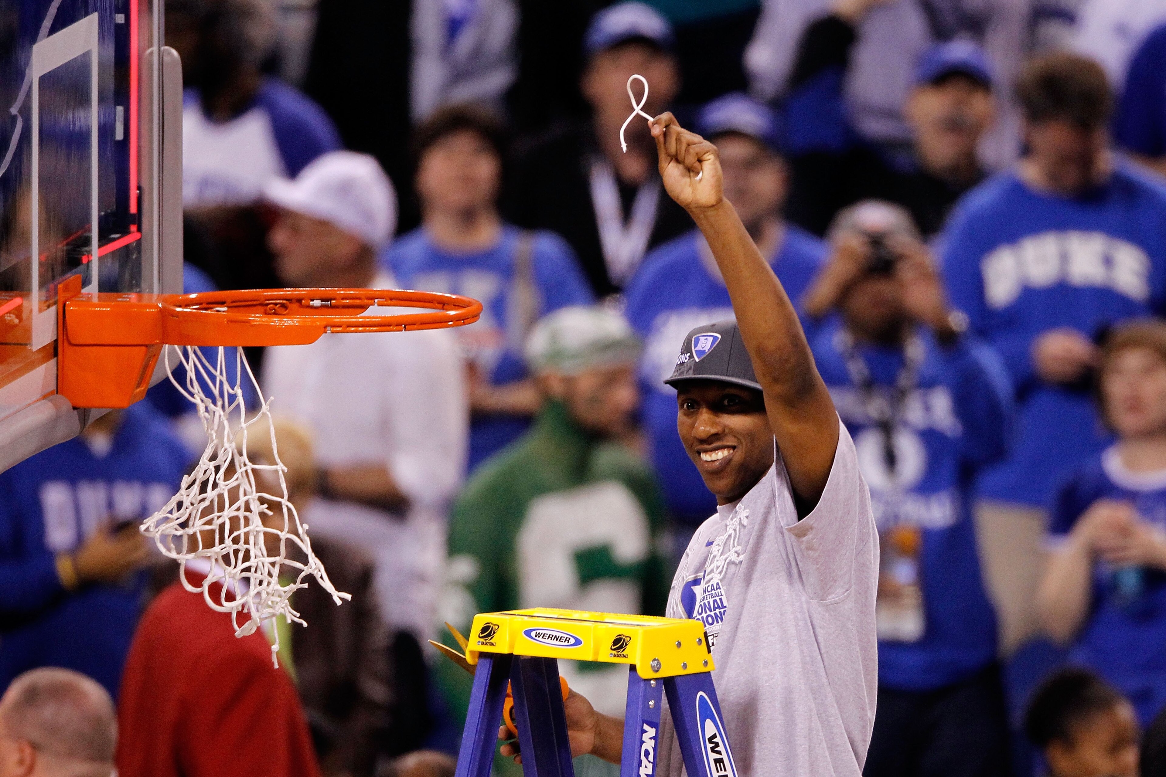 INDIANAPOLIS - APRIL 05:  Nolan Smith of the Duke Blue Devils celebrates after he cut down a piece of the net following their 61-59 win against the Butler Bulldogs during the 2010 NCAA Division I Men's Basketball National Championship game at Lucas Oil St