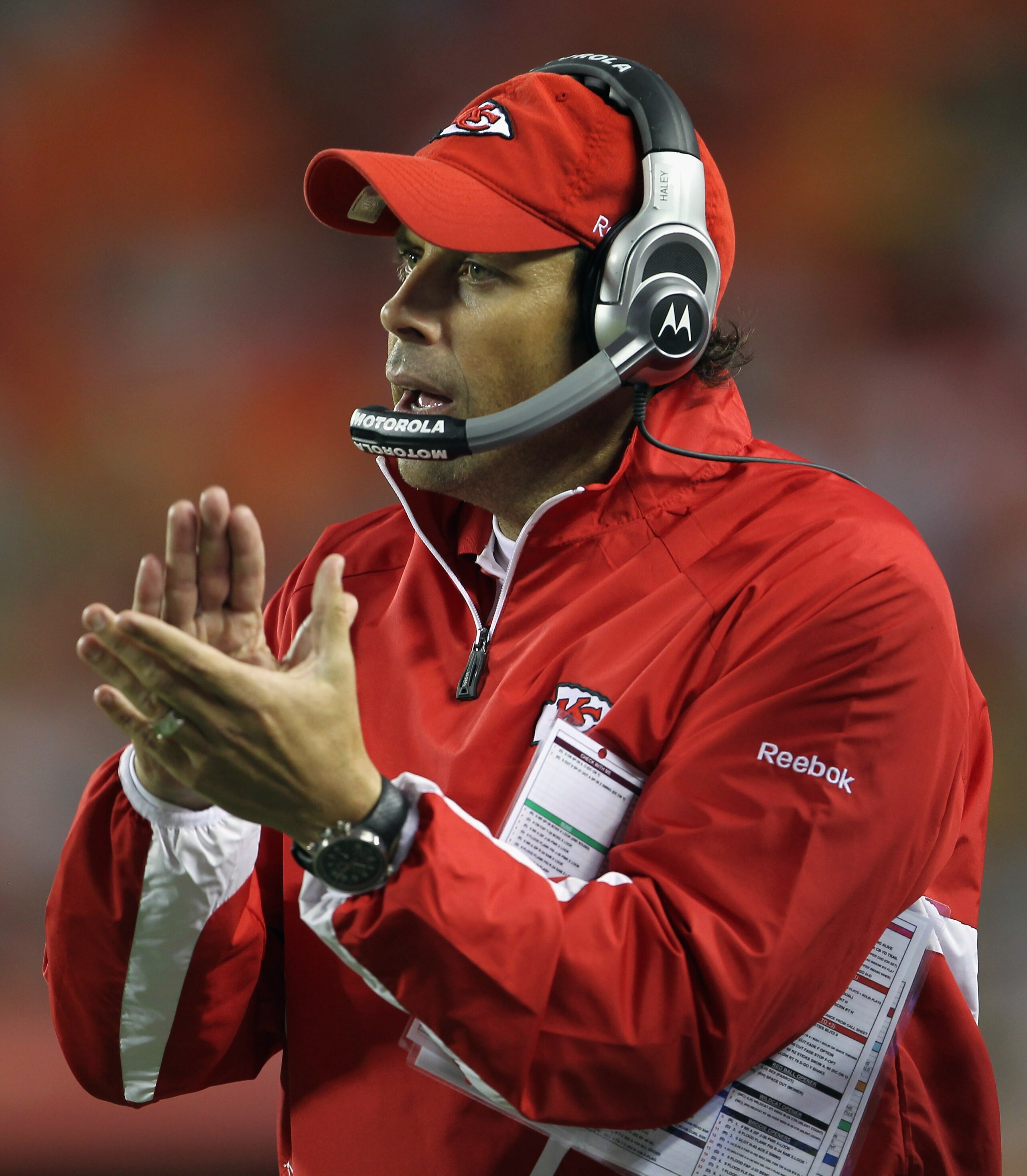 KANSAS CITY, MO - SEPTEMBER 02:  Head coach Todd Haley of the Kansas City Chiefs applauds on the sidelines during the game against  the Green Bay Packers on September 2, 2010 at Arrowhead Stadium in Kansas City, Missouri.  (Photo by Jamie Squire/Getty Ima