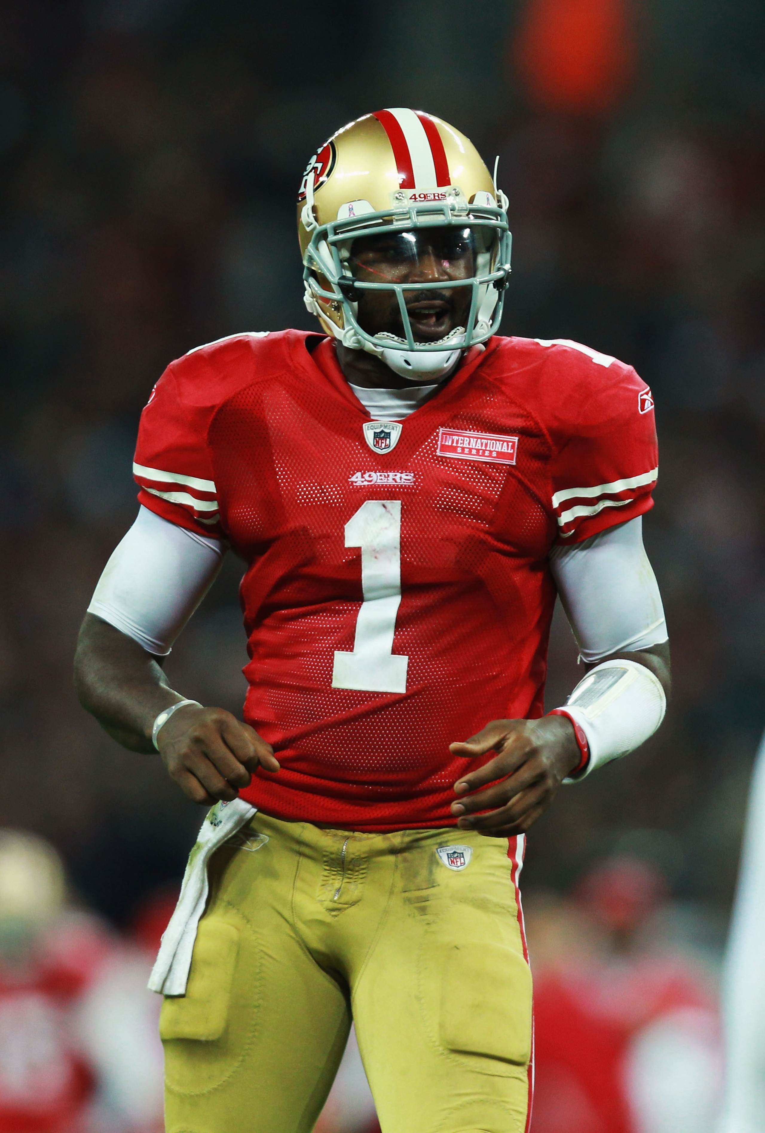 LONDON, ENGLAND - OCTOBER 31:  Troy Smith #1 of San Francisco 49ers in action during the NFL International Series match between Denver Broncos and San Francisco 49ers at Wembley Stadium on October 31, 2010 in London, England. This is the fourth occasion w