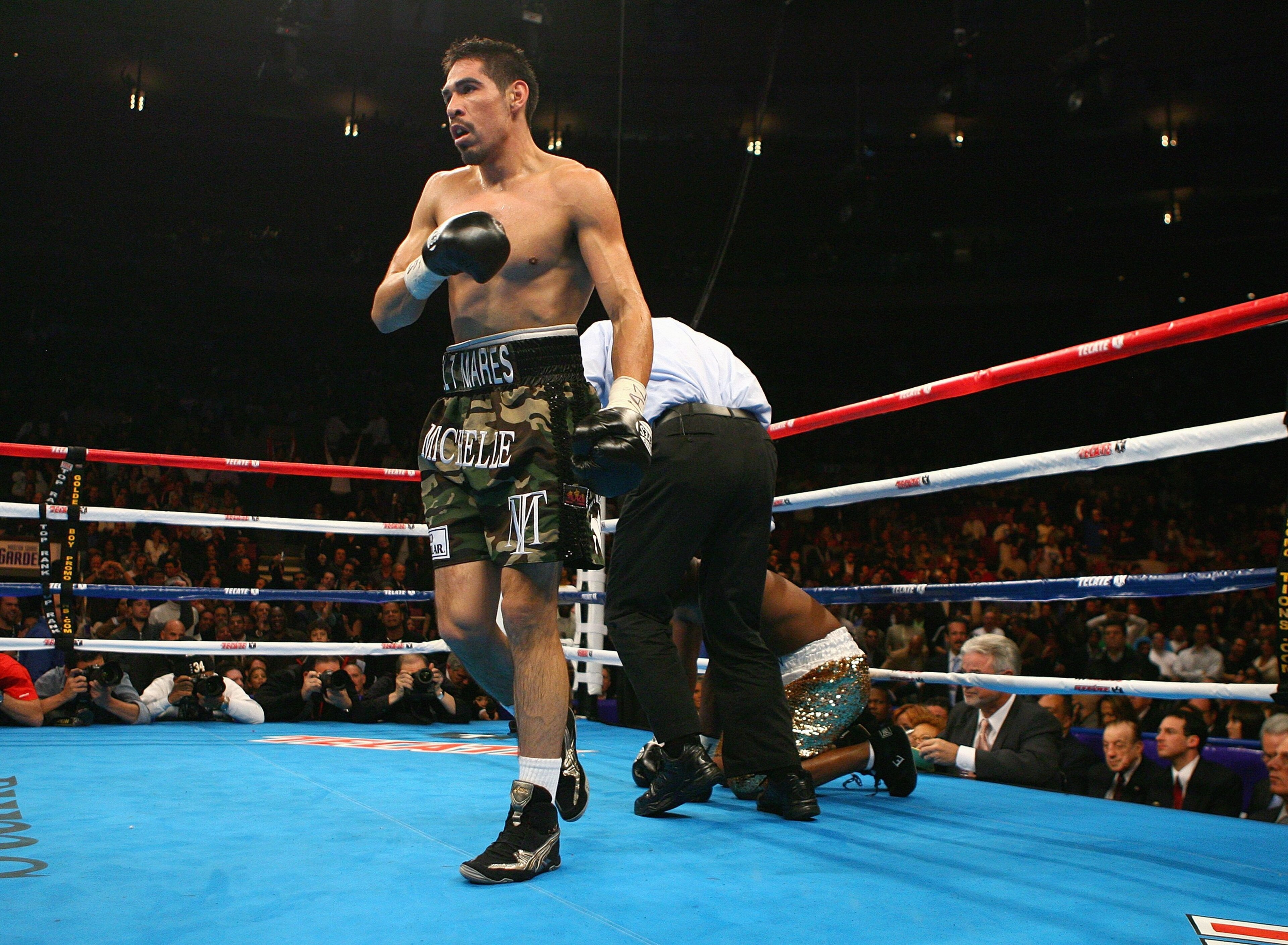NEW YORK - NOVEMBER 10:  Antonio Margarito knocks down Golden Johnson during their WBO Intercontinental Welterweight title fight at Madison Square Garden on November 10, 2007 in New York City, New York. (Photo by Al Bello/Getty Images)