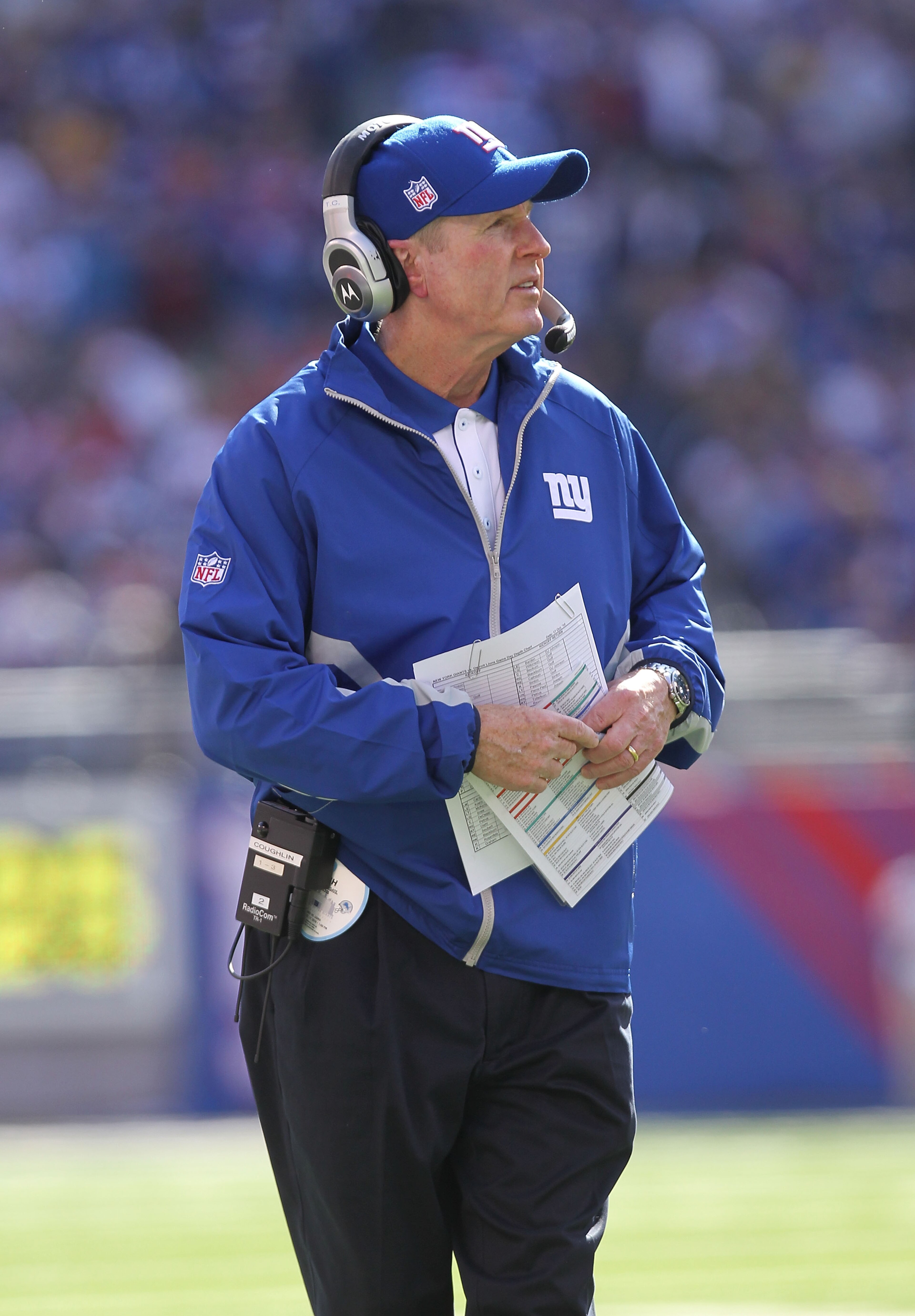 EAST RUTHERFORD, NJ - OCTOBER 17:  Head coach  of the New York Giants, Tom Coughlin looks on from the sideline against the Detroit Lions at New Meadowlands Stadium on October 17, 2010 in East Rutherford, New Jersey.  (Photo by Nick Laham/Getty Images)