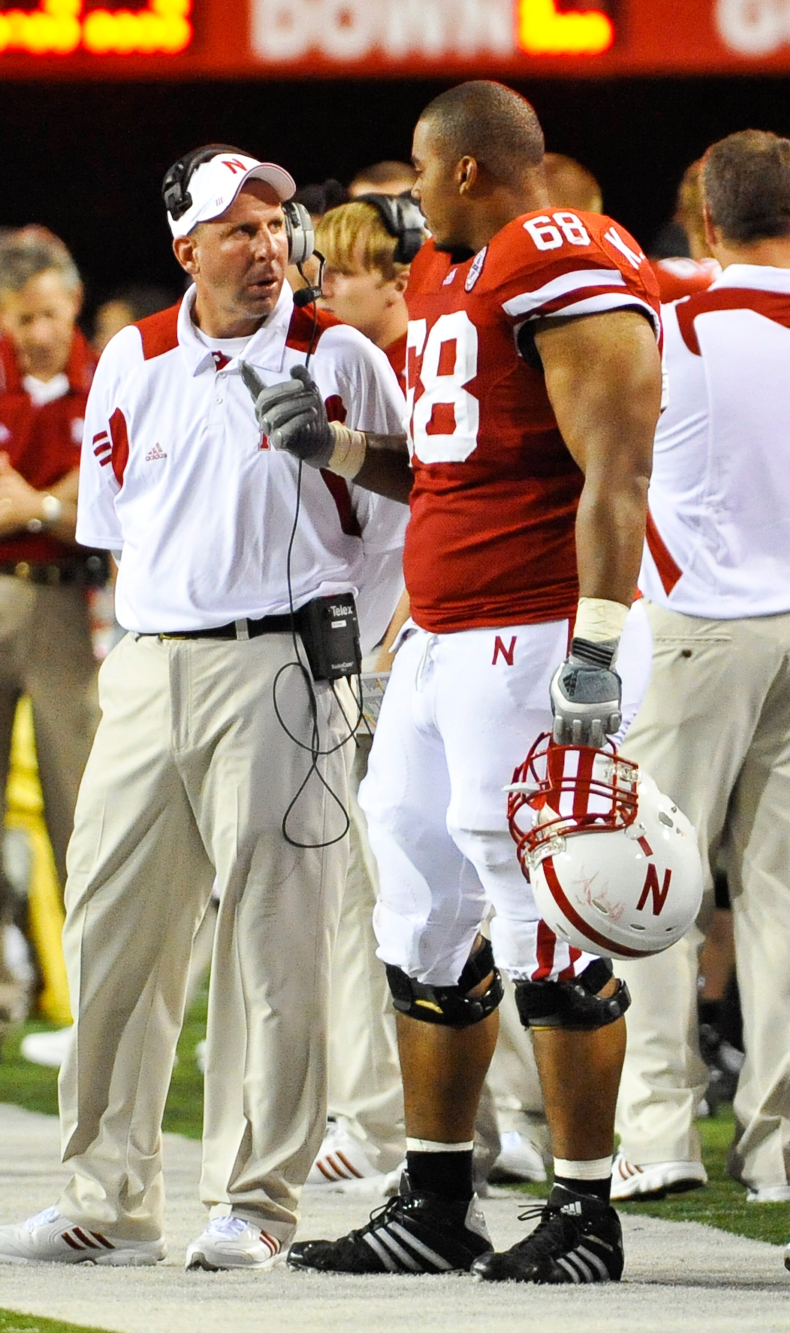 LINCOLN, NE - SEPTEMBER 04: Head Coach Bo Pelini of the Nebraska Cornhuskers talks with Keith Williams #68 during a break in second half action of their game against the Western Kentucky Hilltoppers at Memorial Stadium on September 4, 2010 in Lincoln, Neb LINCOLN, NE - SEPTEMBER 04: Head Coach Bo Pelini of the Nebraska Cornhuskers talks with Keith Williams #68 during a break in second half action of their game against the Western Kentucky Hilltoppers at Memorial Stadium on September 4, 2010 in Lincoln, Neb