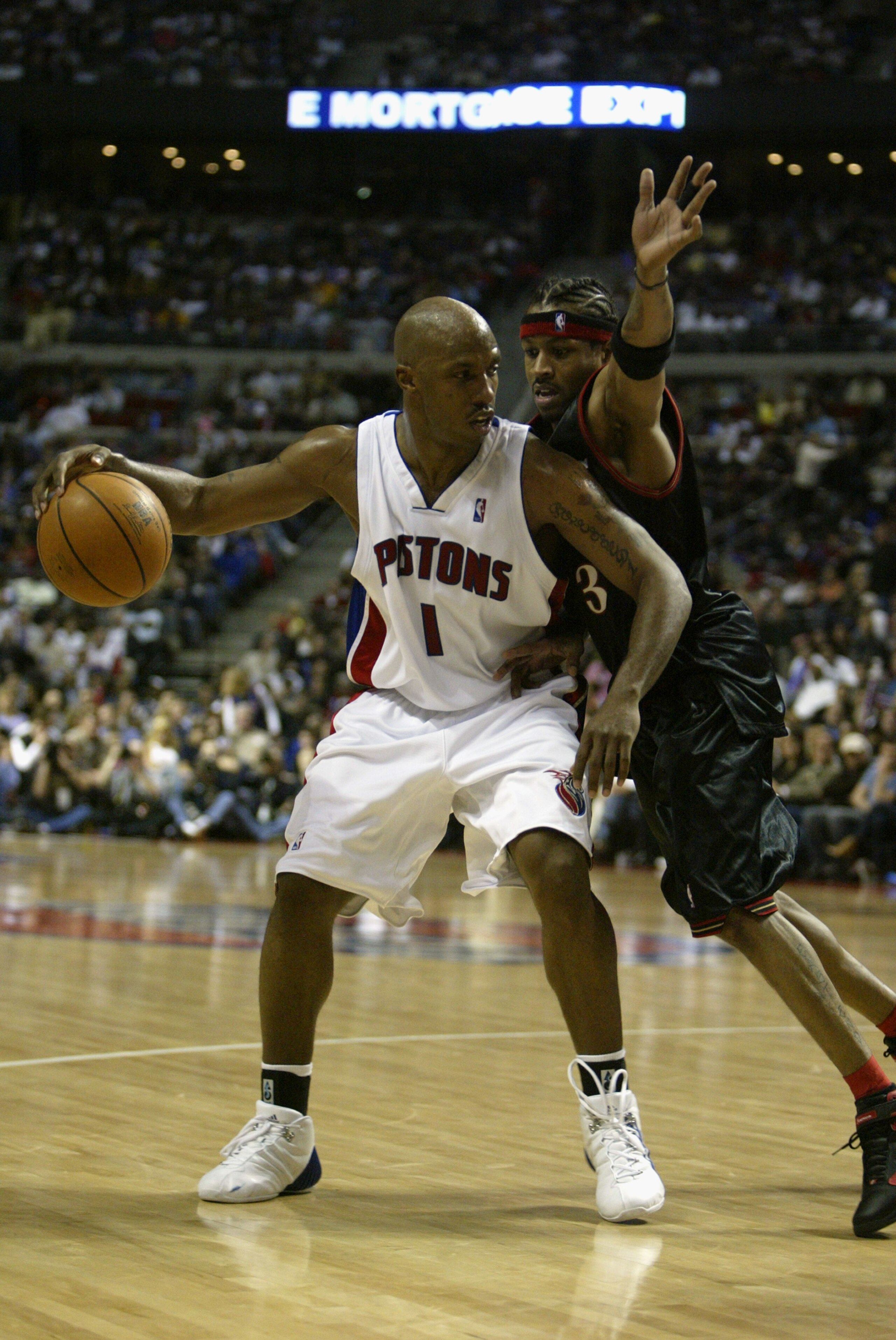 AUBURN HILLS, MI - MAY 3:  Chauncey Billups #1 of the Detroit Pistons is defended by Allen Iverson #3 of the Philadelphia 76ers in Game five of the Eastern Conference Quarterfinals during the 2005 NBA Playoffs at The Palace of Auburn Hills on May 3, 2005