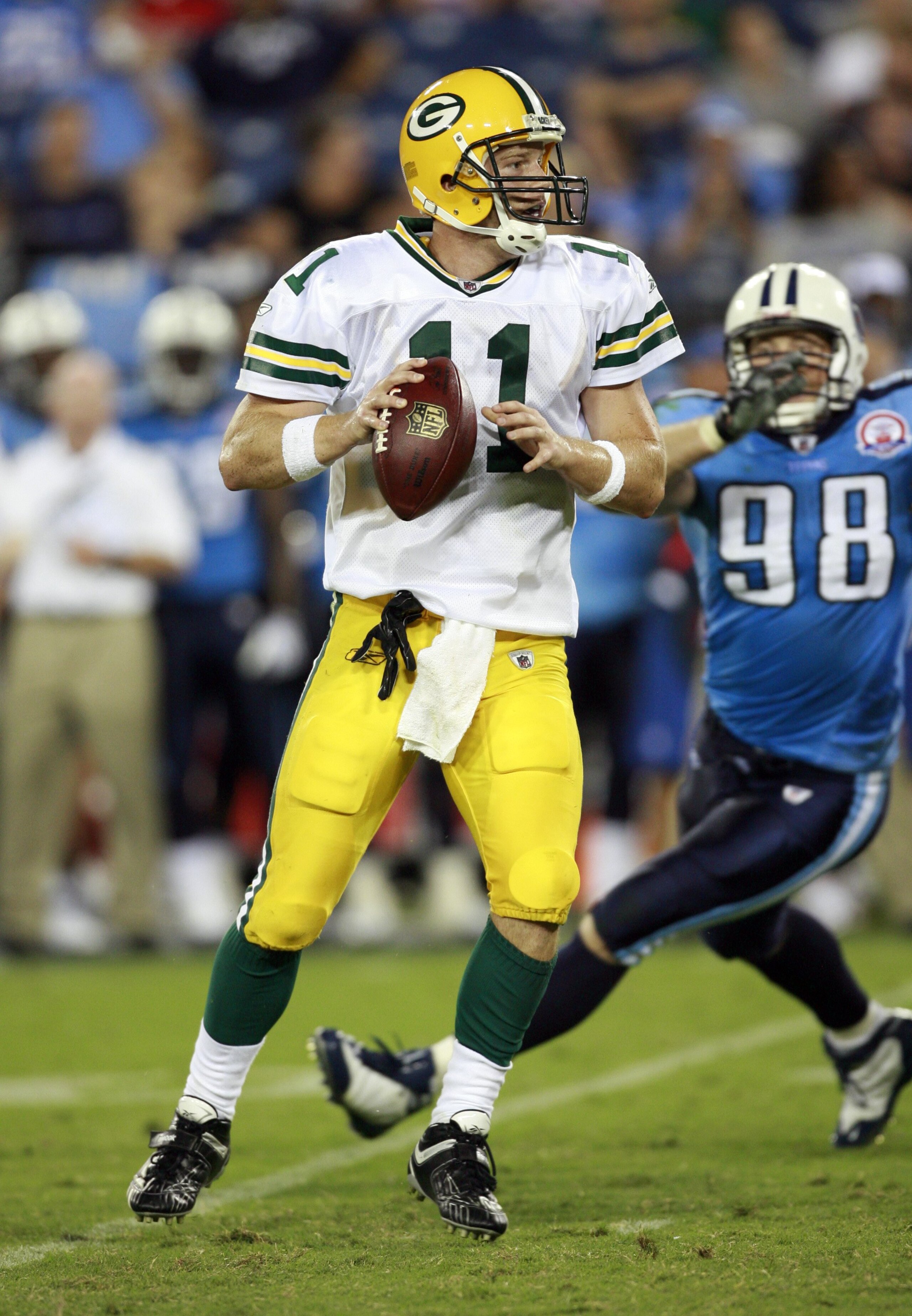NASHVILLE, TN - SEPTEMBER 3: Brian Brohm #11 of the Green Bay Packers throws against the Tennessee Titans during a preseason NFL game at LP Field on September 3, 2009 in Nashville, Tennessee. The Titans beat the Packers 27-13. (Photo by Joe Murphy/Getty I