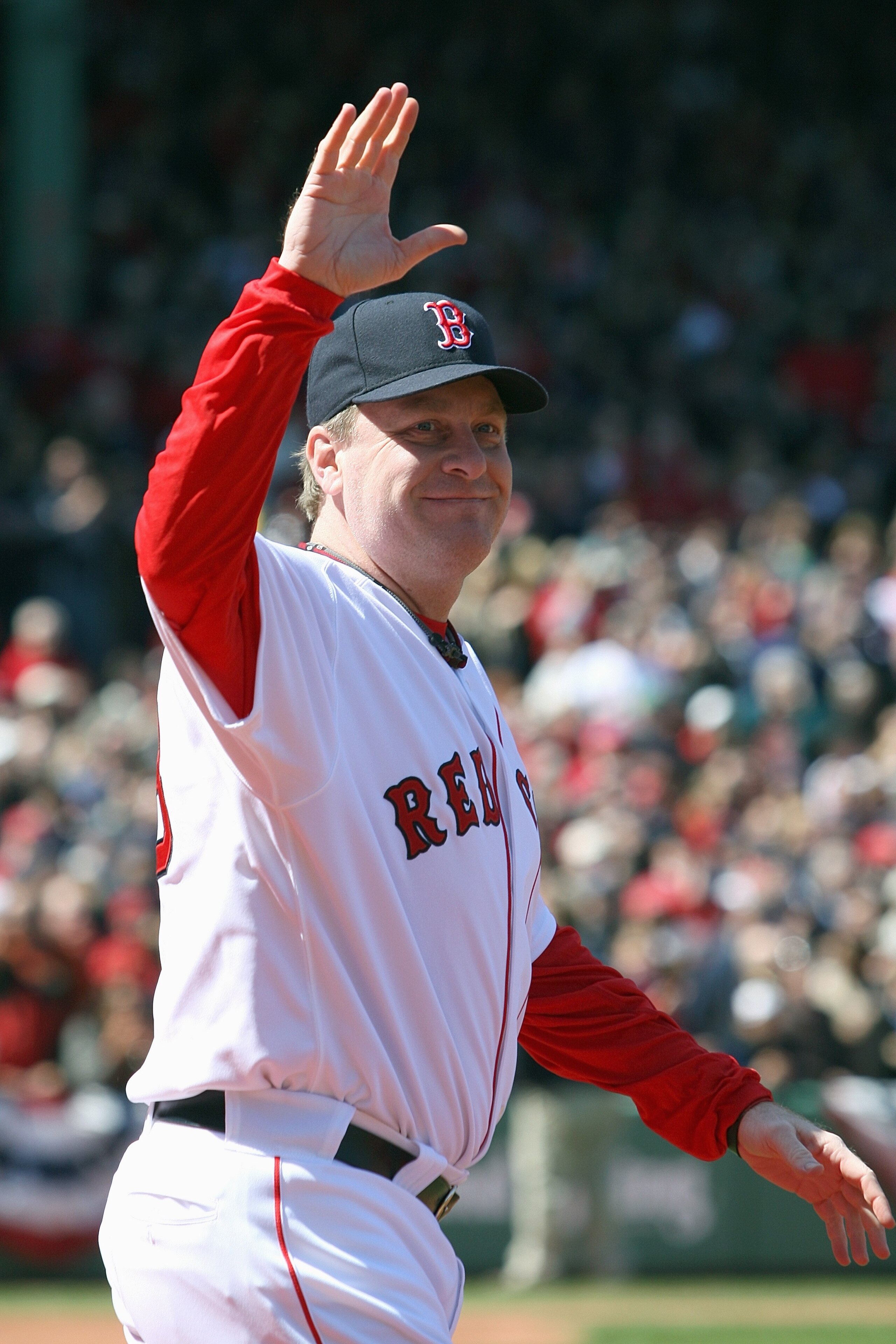 BOSTON - APRIL 08: Curt Schilling #38 of the Boston Red Sox heads out on to the field to get his 2007 World Series Championship Ring before the game the Detroit Tigers on April 8,2008 during Opening Day at Fenway Park in Boston, Massachusetts. (Photo by E