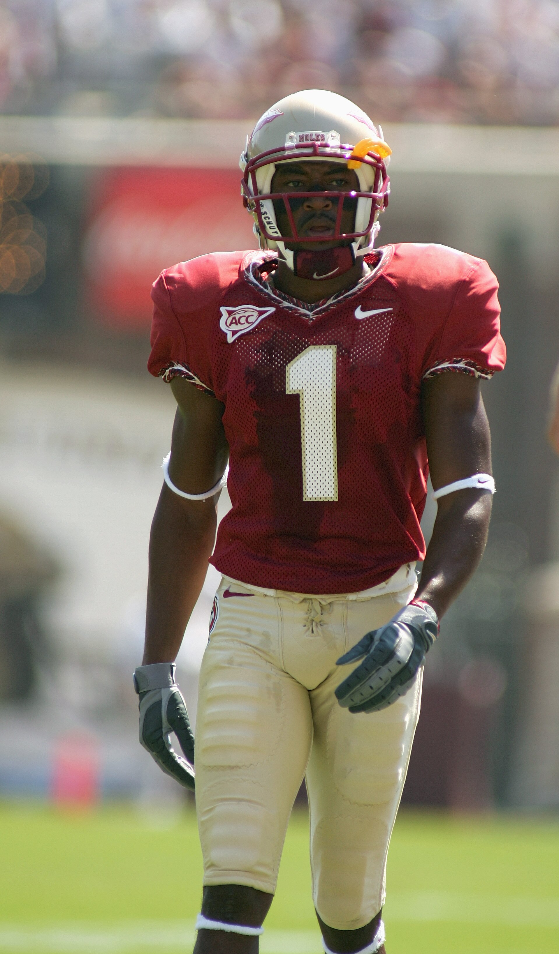 TALLAHASSEE, FL - OCTOBER 2:  Wide receiver Craphonso Thorpe #1 of the Florida State Seminoles looks on while facing the North Carolina Tar Heels at Doak Campbell Stadium on October 2, 2004 in Tallahassee, Florida. FSU won 38-16. (Photo by Scott Halleran/