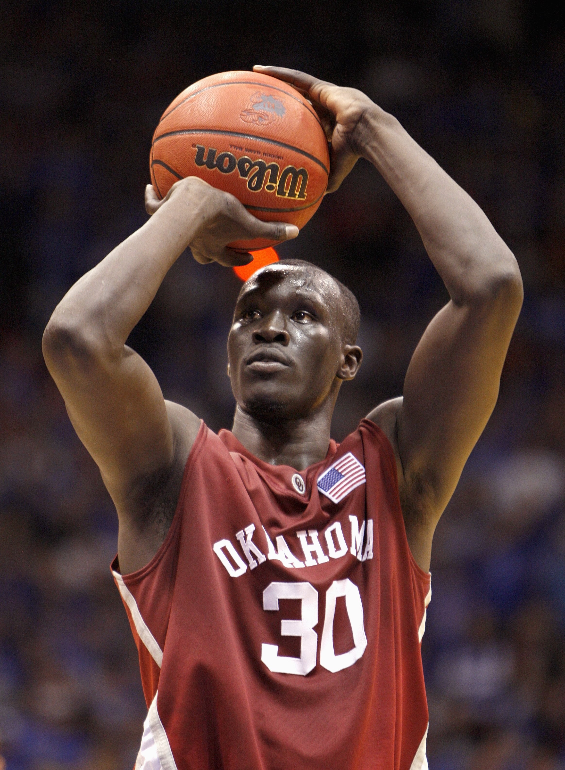 LAWRENCE, KS - JANUARY 14: Longar Longar #30 of the Oklahoma Sooners makes a free throw during the game against the Kansas Jayhawks on January 14, 2008 at Allen Fieldhouse in Lawrence, Kansas. (Photo by Jamie Squire/Getty Images)