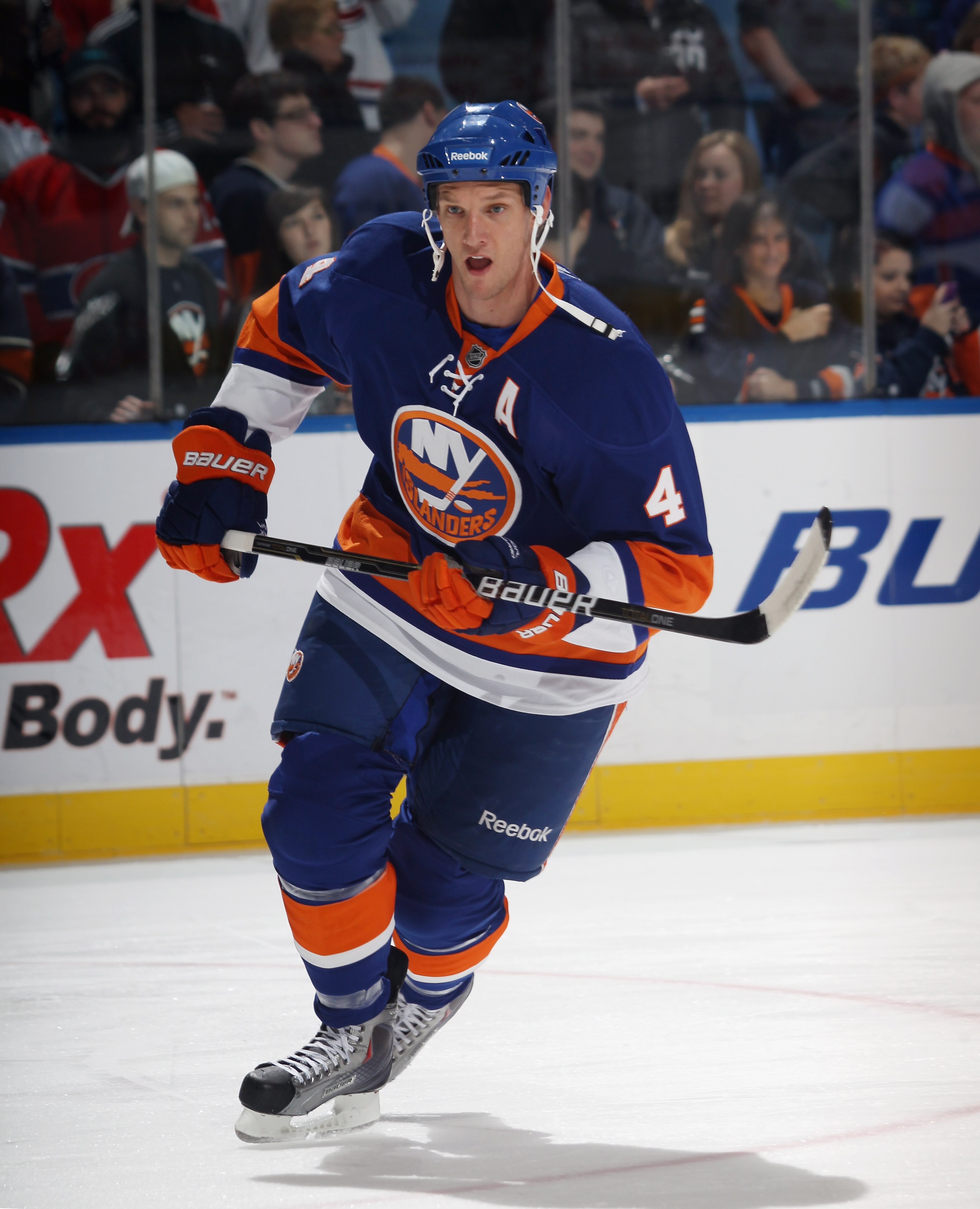 UNIONDALE, NY - OCTOBER 29:  Mark Eaton #4 of the New York Islanders skates against the Montreal Canadiens at the Nassau Coliseum on October 29, 2010 in Uniondale, New York.  (Photo by Bruce Bennett/Getty Images)