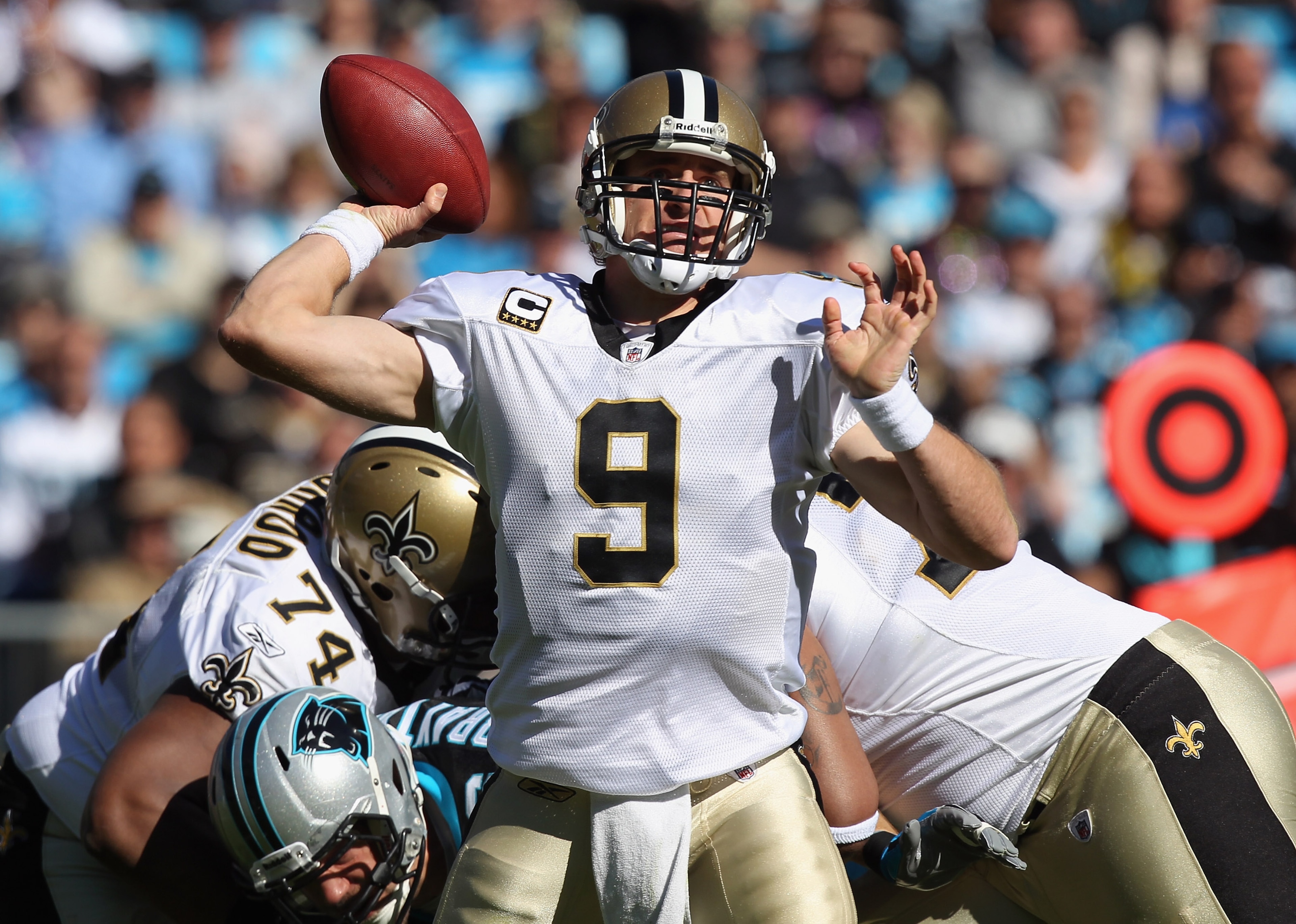 CHARLOTTE, NC - NOVEMBER 07: Drew Brees #9 of the New Orleans Saints throws a pass against the Carolina Panthers during their game at Bank of America Stadium on November 7, 2010 in Charlotte, North Carolina. (Photo by Streeter Lecka/Getty Images) CHARLOTTE, NC - NOVEMBER 07: Drew Brees #9 of the New Orleans Saints throws a pass against the Carolina Panthers during their game at Bank of America Stadium on November 7, 2010 in Charlotte, North Carolina. (Photo by Streeter Lecka/Getty Images)