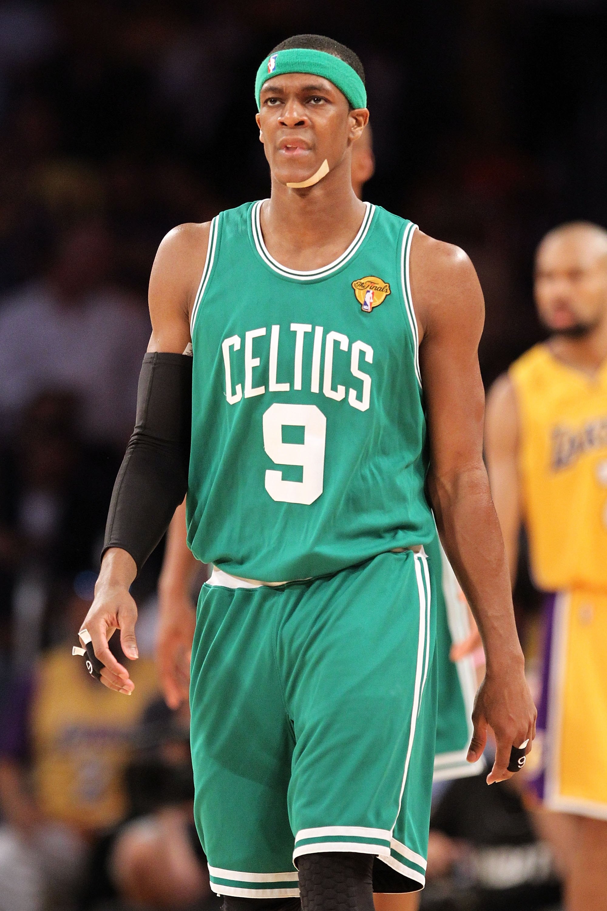 LOS ANGELES, CA - JUNE 17:  Rajon Rondo #9 of the Boston Celtics looks on while taking on the Los Angeles Lakers in Game Seven of the 2010 NBA Finals at Staples Center on June 17, 2010 in Los Angeles, California.  NOTE TO USER: User expressly acknowledges