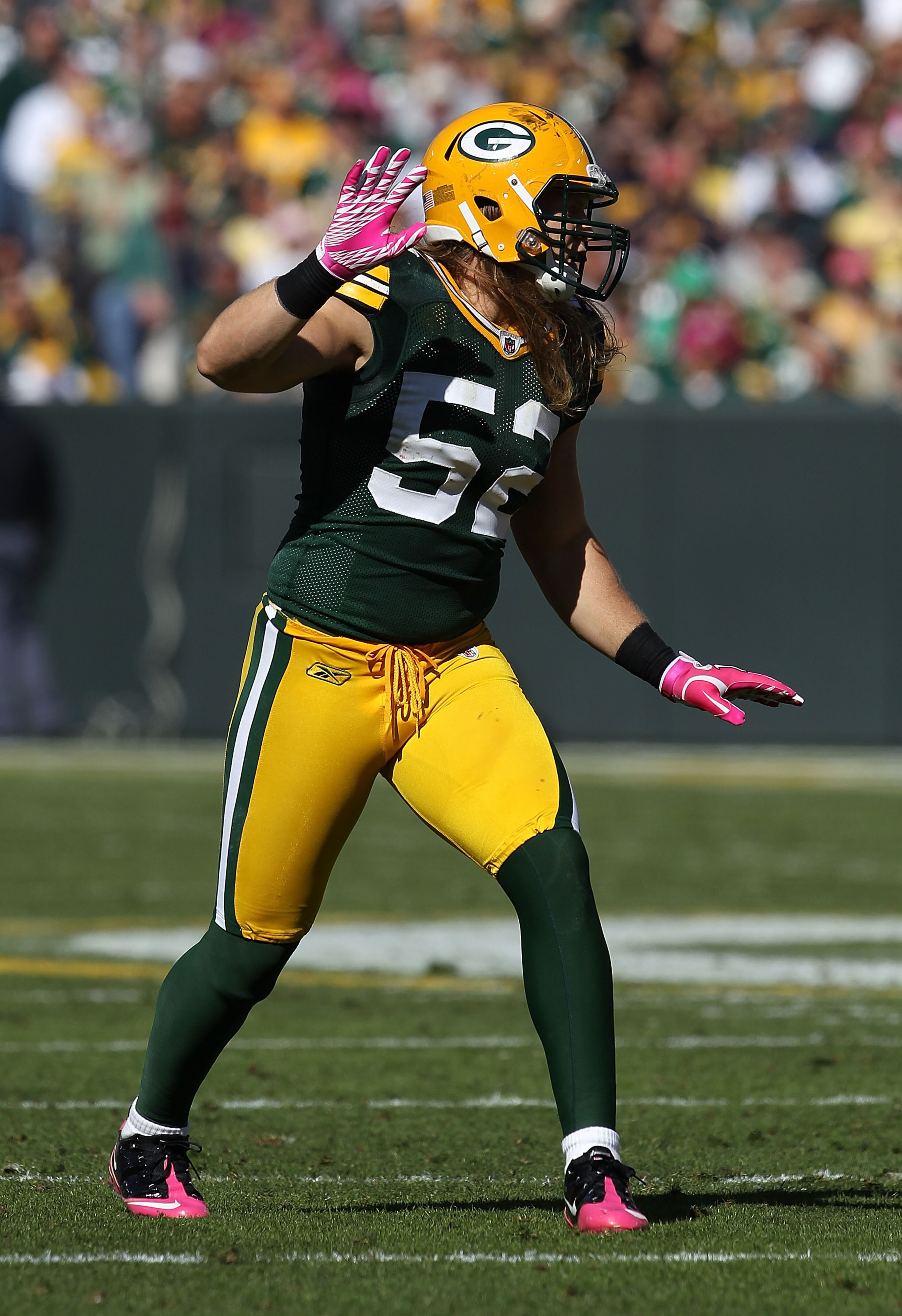 GREEN BAY, WI - OCTOBER 03: Clay Matthews #52 of the Green Bay Packers awaits the start of play against the Detroit Lions at Lambeau Field on October 3, 2010 in Green Bay, Wisconsin. The Packers defeated the Lions 28-26. (Photo by Jonathan Daniel/Getty Im GREEN BAY, WI - OCTOBER 03: Clay Matthews #52 of the Green Bay Packers awaits the start of play against the Detroit Lions at Lambeau Field on October 3, 2010 in Green Bay, Wisconsin. The Packers defeated the Lions 28-26. (Photo by Jonathan Daniel/Getty Im