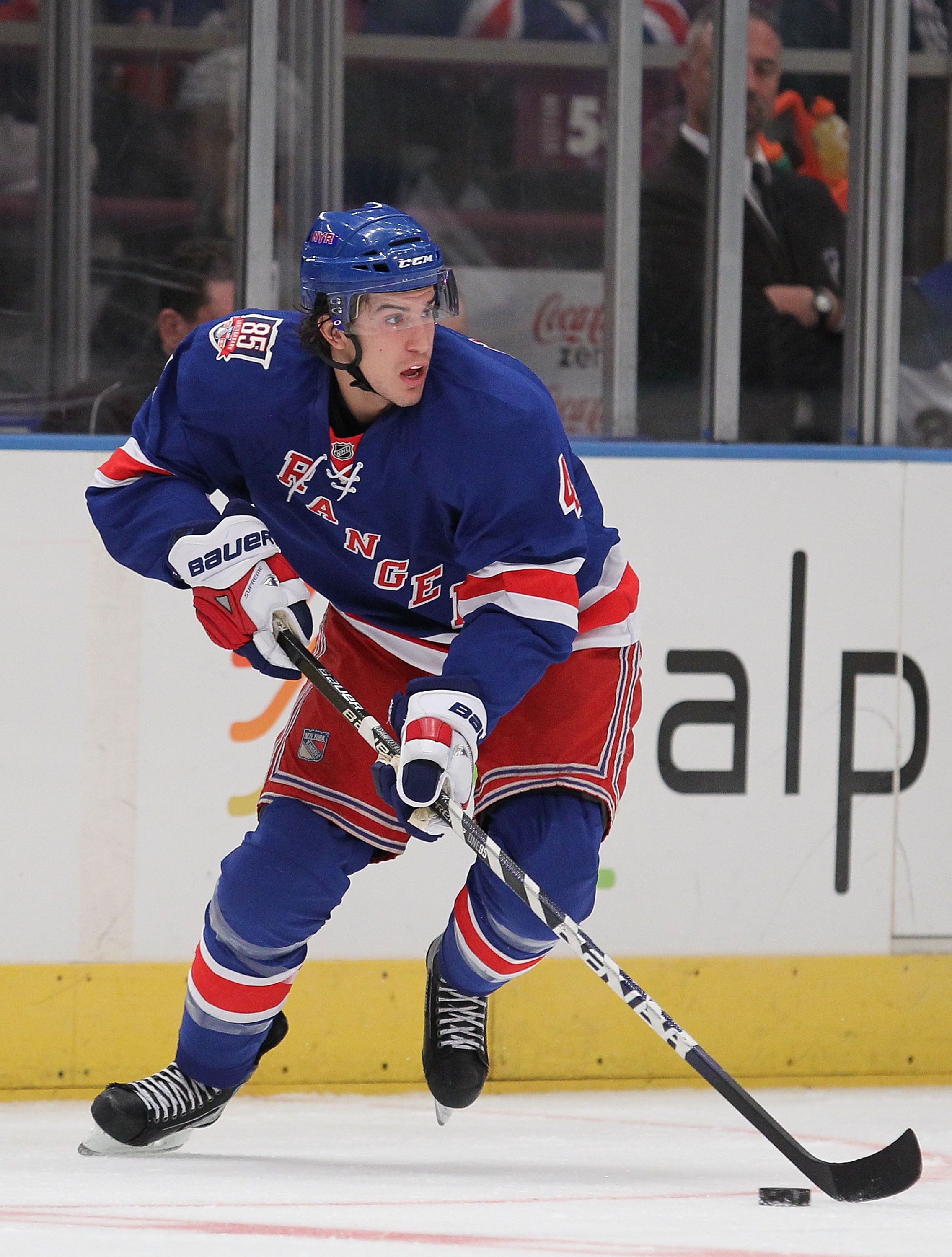 NEW YORK - NOVEMBER 07:  Michael Del Zotto #4 of the New York Rangers in action against the St. Louis Blues during their game on November 7, 2010 at Madison Square Garden in New York City, New York.  (Photo by Al Bello/Getty Images)