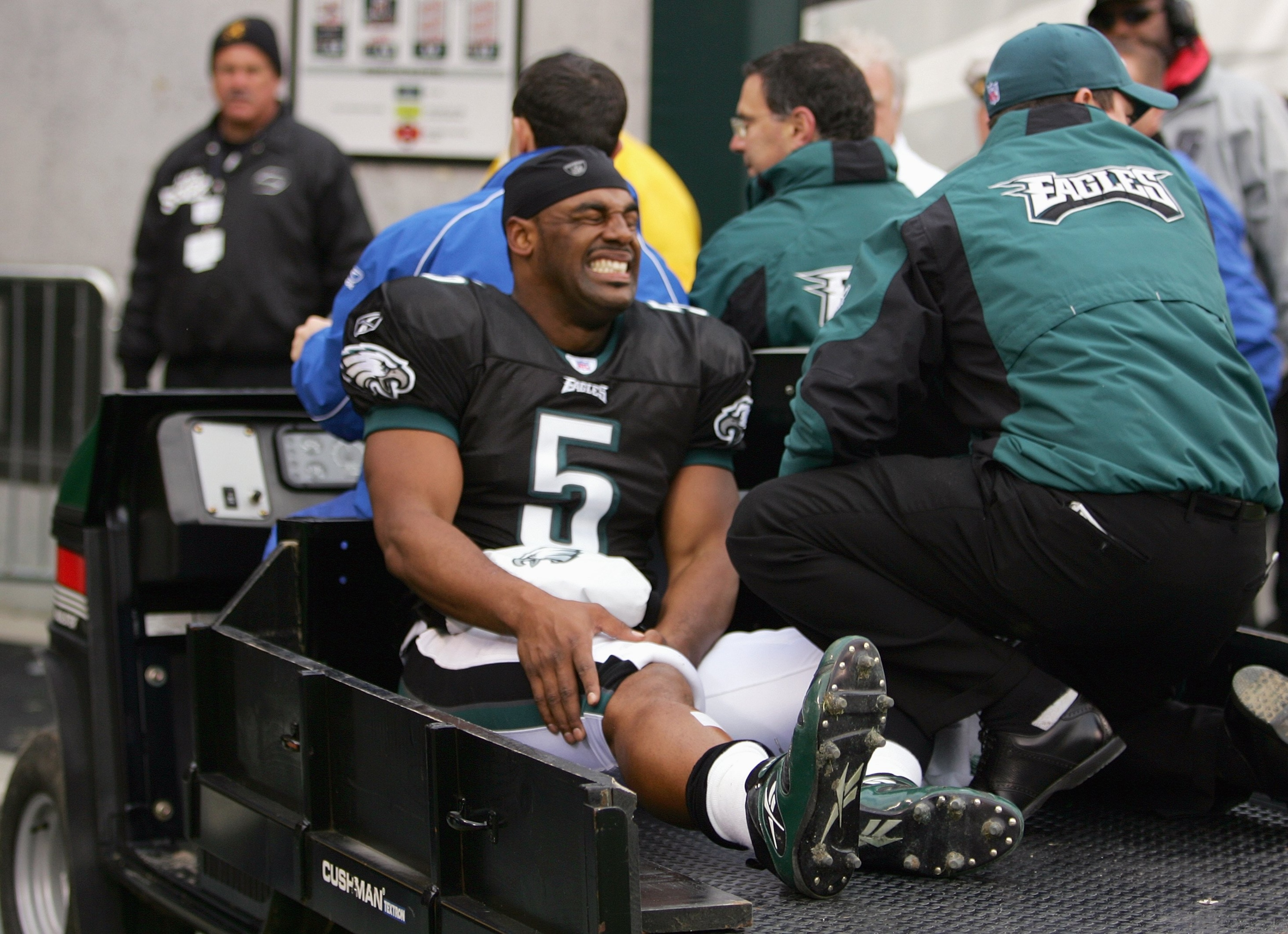 PHILADELPHIA - NOVEMBER 19: Donovan McNabb #5 of the Philadelphia Eagles is carted off the field after injuring his right knee in the second quarter against the Tennessee Titans on November 19, 2006 at Lincoln Financial Field in Philadelphia, Pennsylvania