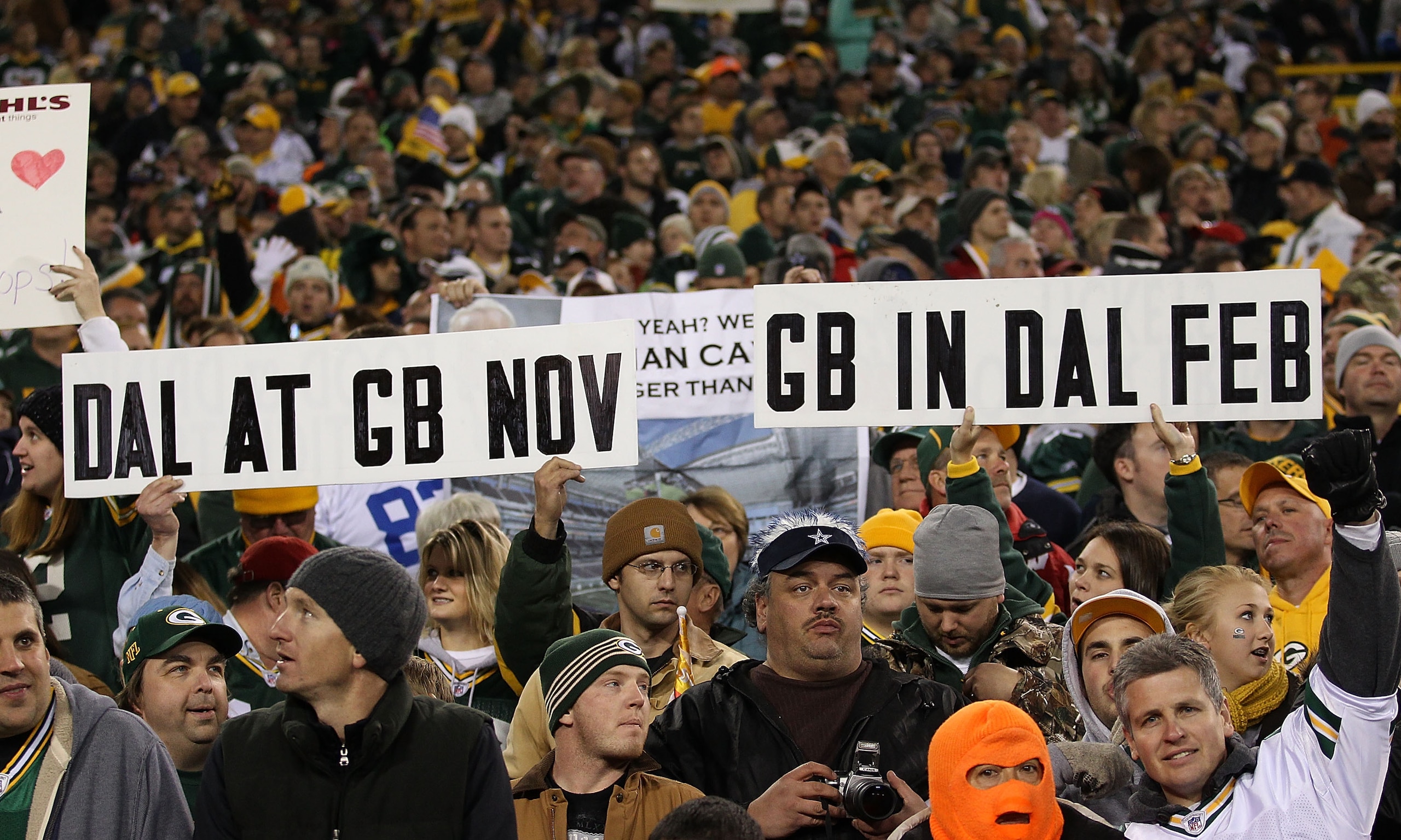GREEN BAY, WI - NOVEMBER 07: Fans of the Green Bay Packers hold a sign during a game against the Dallas Cowboys at Lambeau Field on November 7, 2010 in Green Bay, Wisconsin. (Photo by Jonathan Daniel/Getty Images)