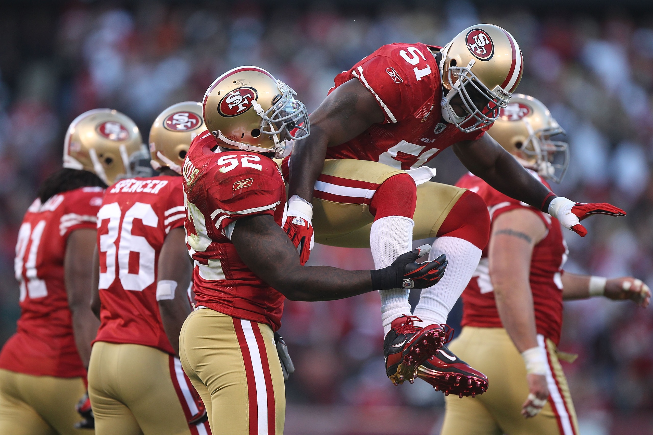 SAN FRANCISCO - SEPTEMBER 20:  Takeo Spikes #51 of the San Francisco 49er celebrates a tackle against the New Orleans Saints during an NFL game at Candlestick Park on September 20, 2010 in San Francisco, California.(Photo by Jed Jacobsohn/Getty Images)
