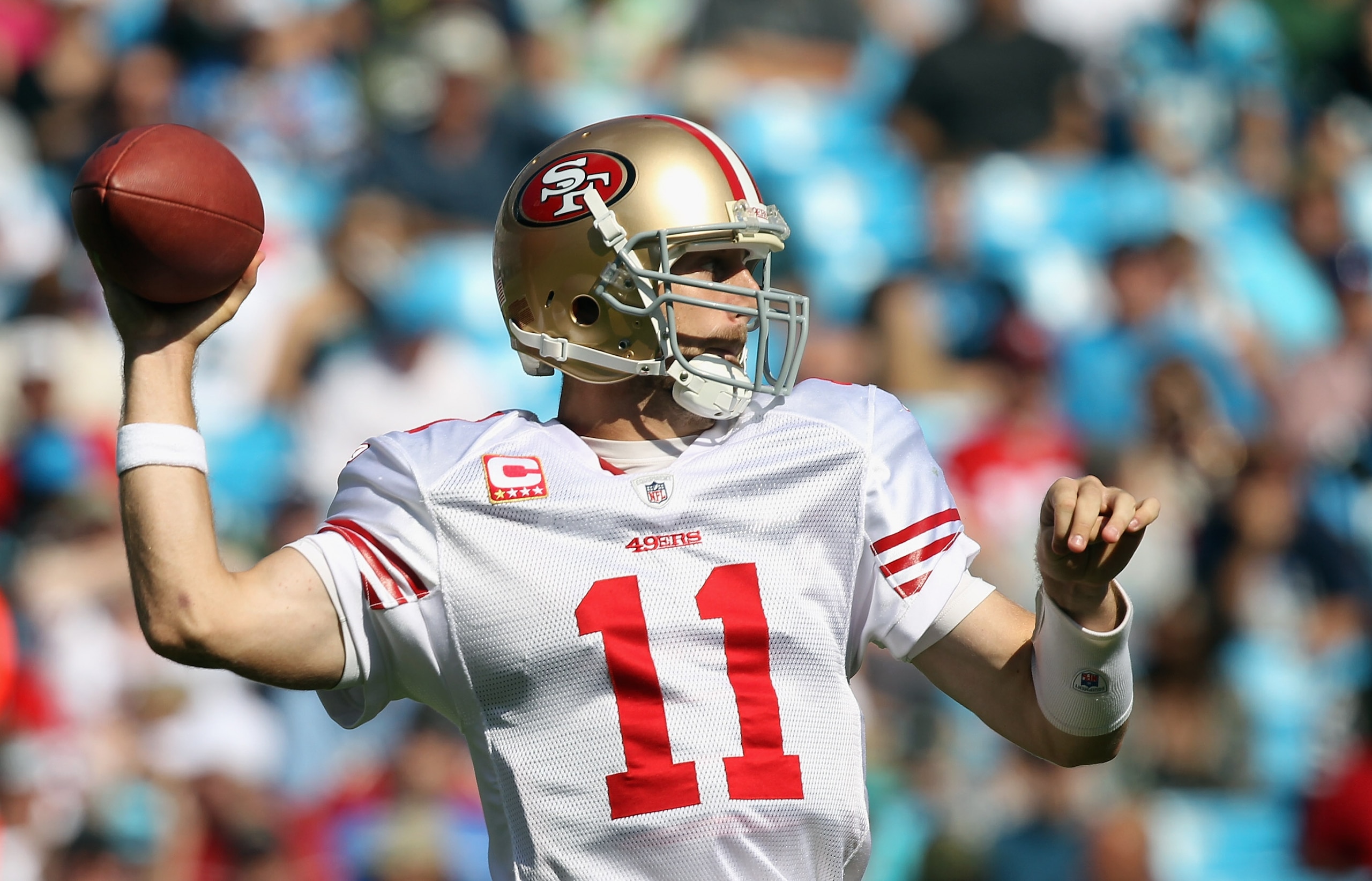 CHARLOTTE, NC - OCTOBER 24: Alex Smith #11 of the San Francisco 49ers drops back to throw a pass against the Carolina Panthers during their game at Bank of America Stadium on October 24, 2010 in Charlotte, North Carolina. (Photo by Streeter Lecka/Getty CHARLOTTE, NC - OCTOBER 24: Alex Smith #11 of the San Francisco 49ers drops back to throw a pass against the Carolina Panthers during their game at Bank of America Stadium on October 24, 2010 in Charlotte, North Carolina. (Photo by Streeter Lecka/Getty