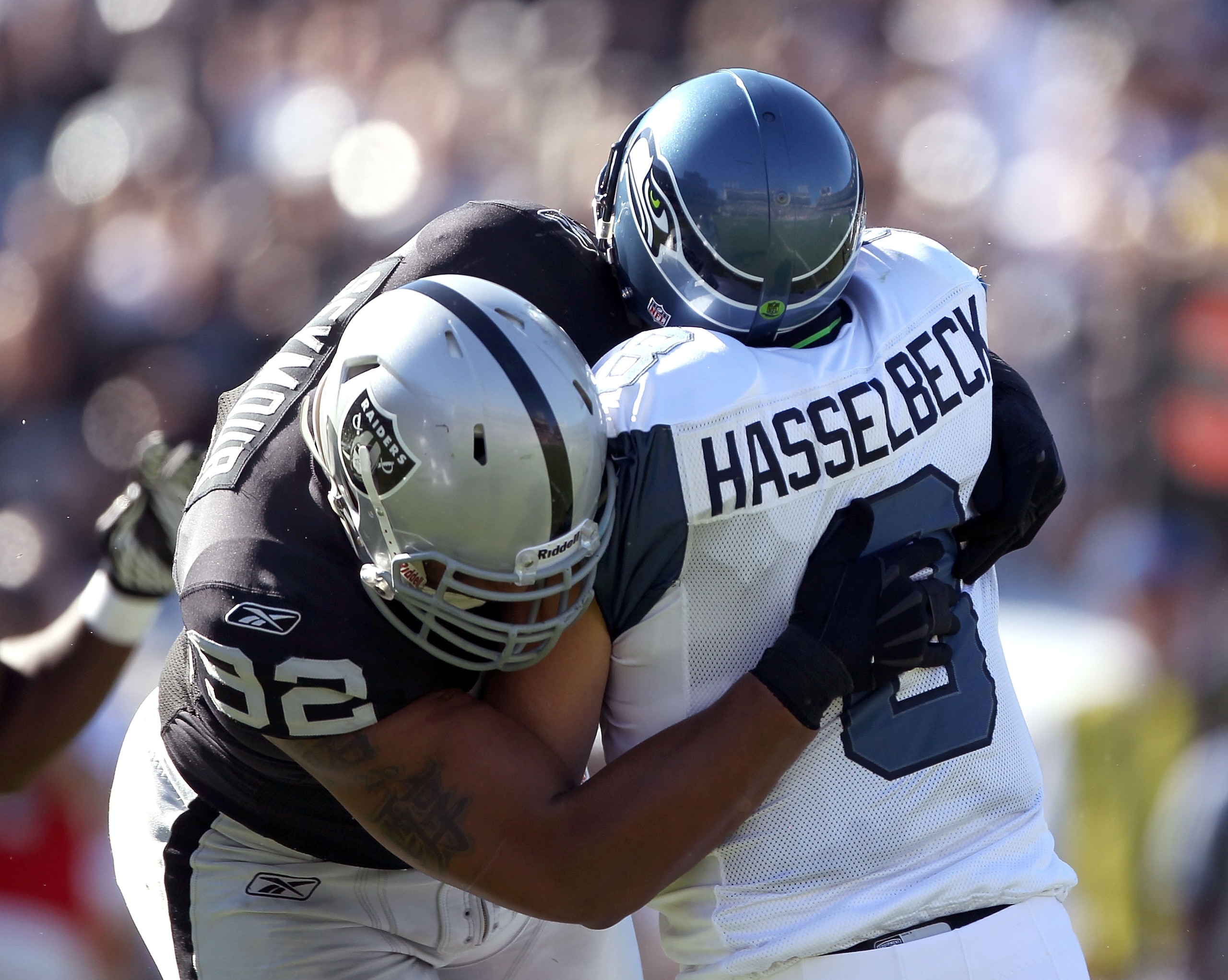 OAKLAND, CA - OCTOBER 31: Matt Hasselbeck #8 of the Seattle Seahawks is tackled by Richard Seymour #92 of the Oakland Raiders at Oakland-Alameda County Coliseum on October 31, 2010 in Oakland, California. (Photo by Ezra Shaw/Getty Images) OAKLAND, CA - OCTOBER 31: Matt Hasselbeck #8 of the Seattle Seahawks is tackled by Richard Seymour #92 of the Oakland Raiders at Oakland-Alameda County Coliseum on October 31, 2010 in Oakland, California. (Photo by Ezra Shaw/Getty Images)