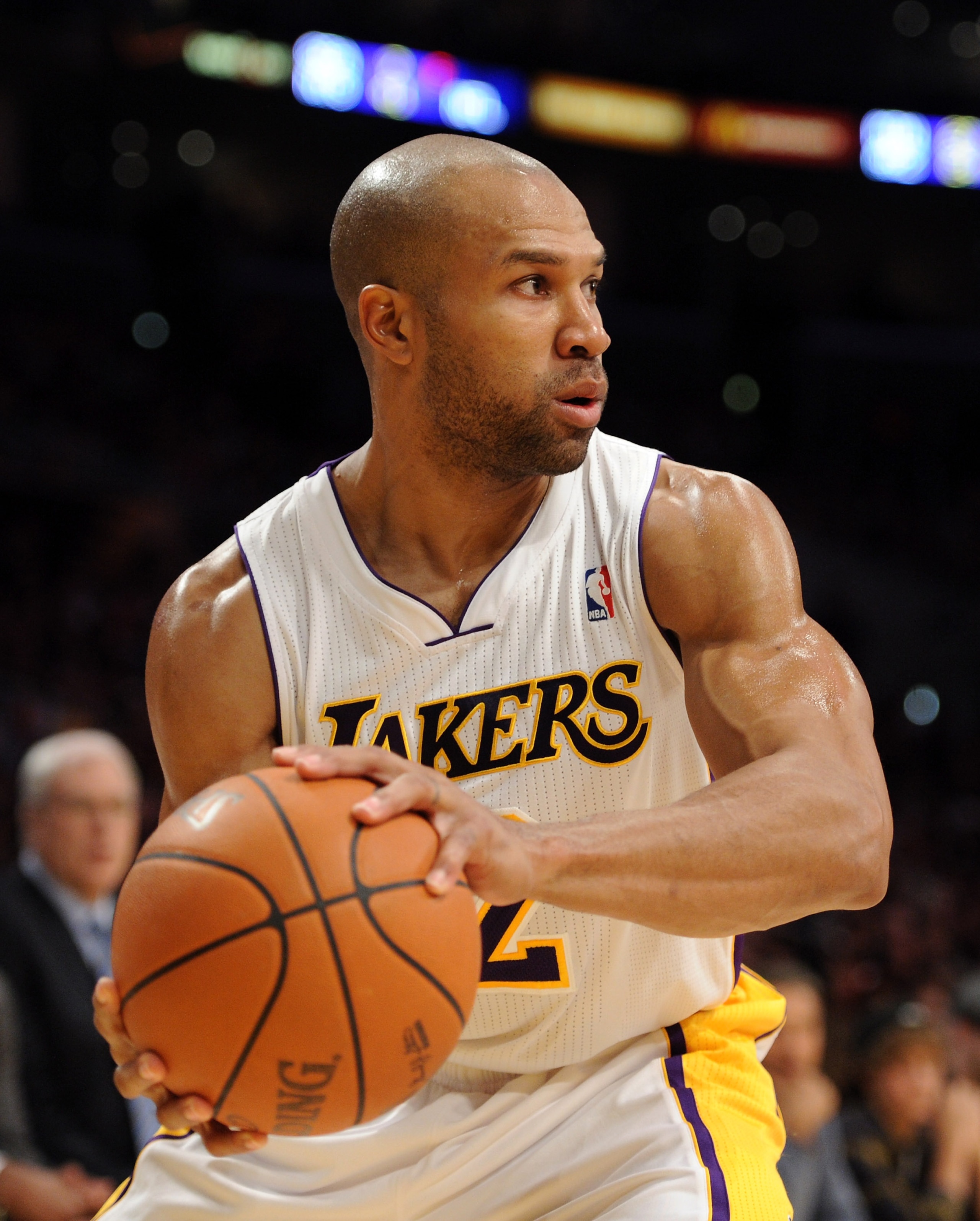 LOS ANGELES, CA - NOVEMBER 07:  Derek Fisher #2 of the Los Angeles Lakers grabs a rebound against the Portland Trail Blazers at the Staples Center on November 7, 2010 in Los Angeles, California.  NOTE TO USER: User expressly acknowledges and agrees that,