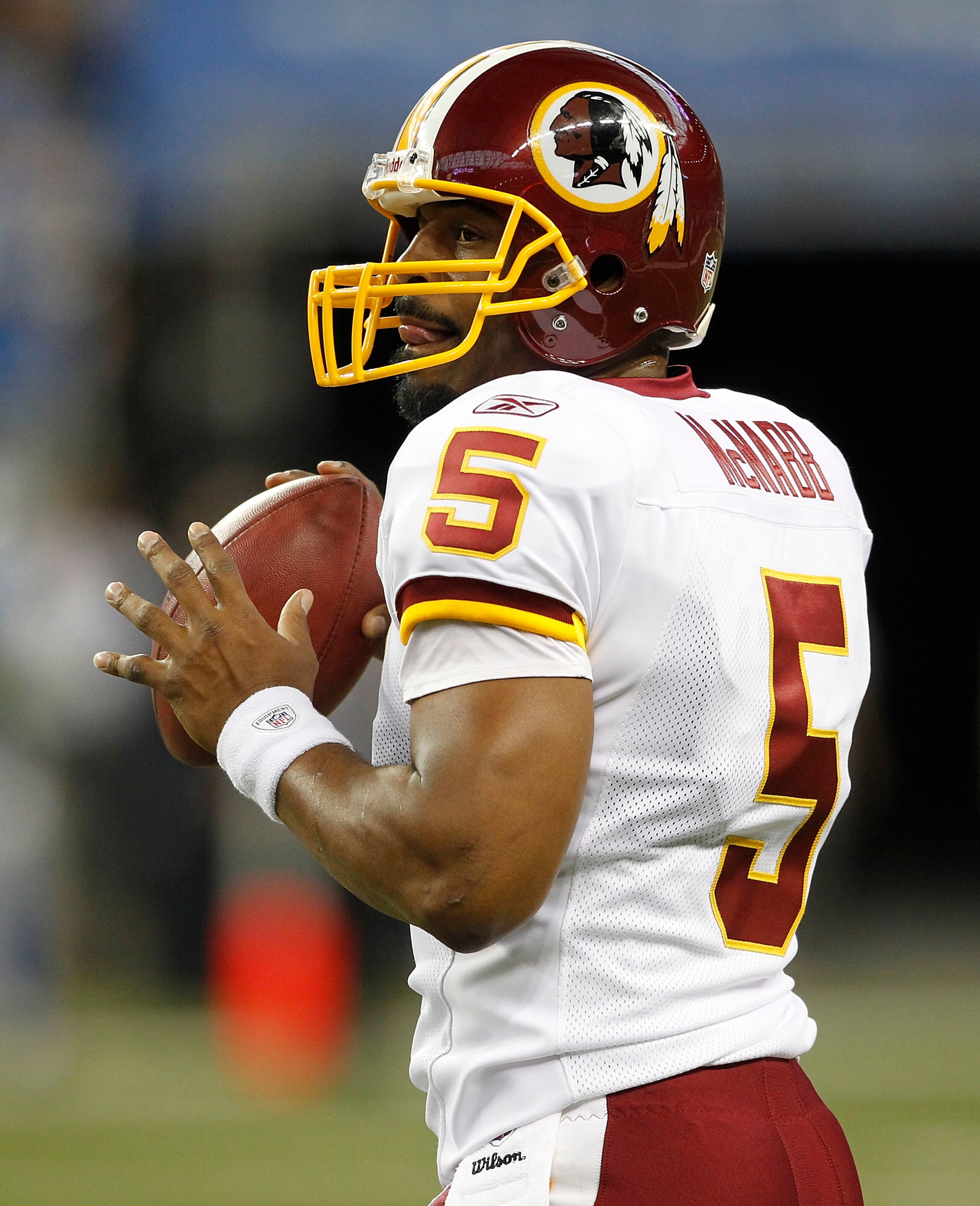 DETROIT - OCTOBER 31: Donovan McNabb #5 of the Washigton Redkins warms up prior to the start of the game against the Detroit Lions at Ford Field on October 31, 2010 in Detroit, Michigan. (Photo by Leon Halip/Getty Images) DETROIT - OCTOBER 31: Donovan McNabb #5 of the Washigton Redkins warms up prior to the start of the game against the Detroit Lions at Ford Field on October 31, 2010 in Detroit, Michigan. (Photo by Leon Halip/Getty Images)