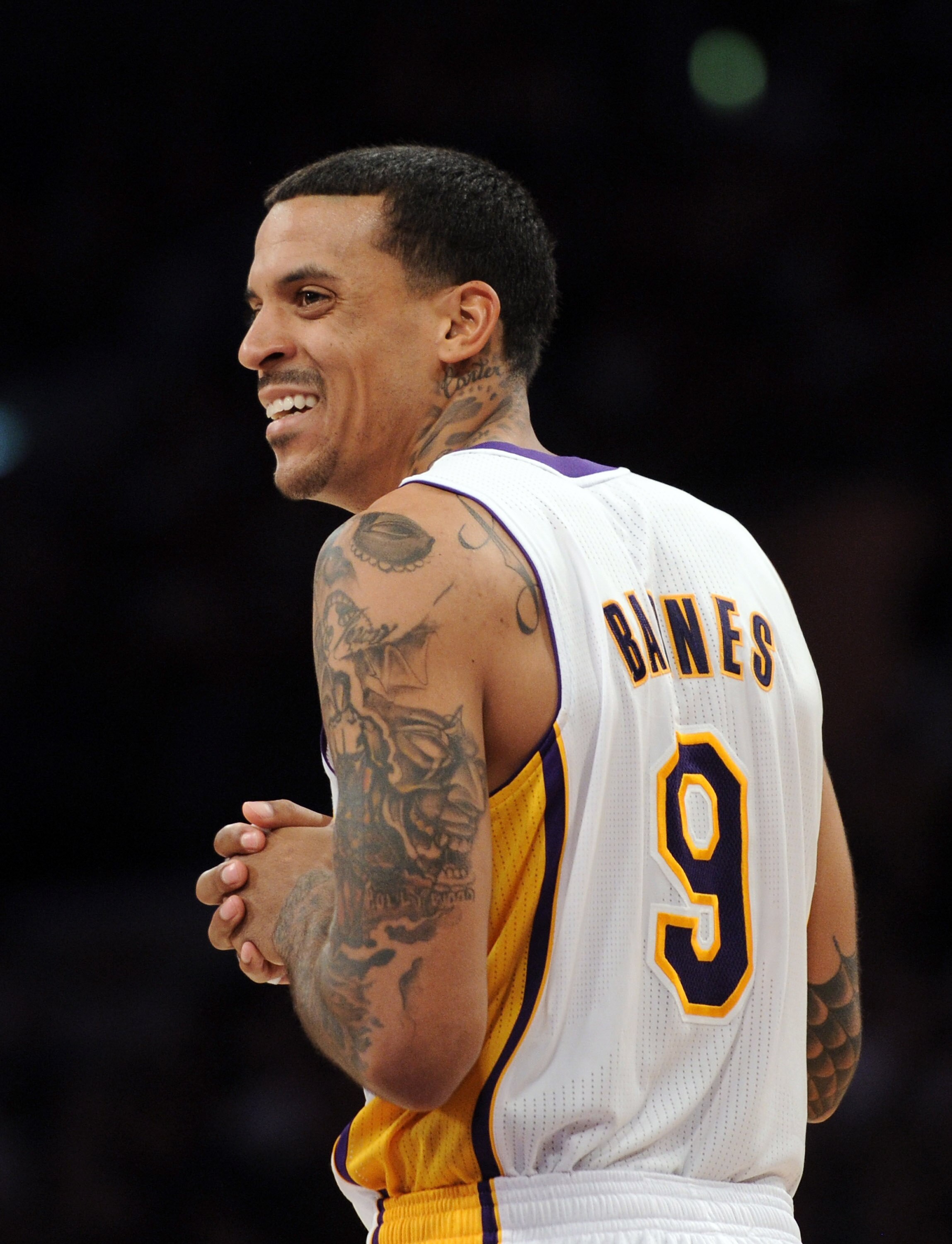 LOS ANGELES, CA - NOVEMBER 07:  Matt Barnes #9 of the Los Angeles Lakers smiles during a 121-96 win over the Portland Trail Blazers at the Staples Center on November 7, 2010 in Los Angeles, California.  NOTE TO USER: User expressly acknowledges and agrees