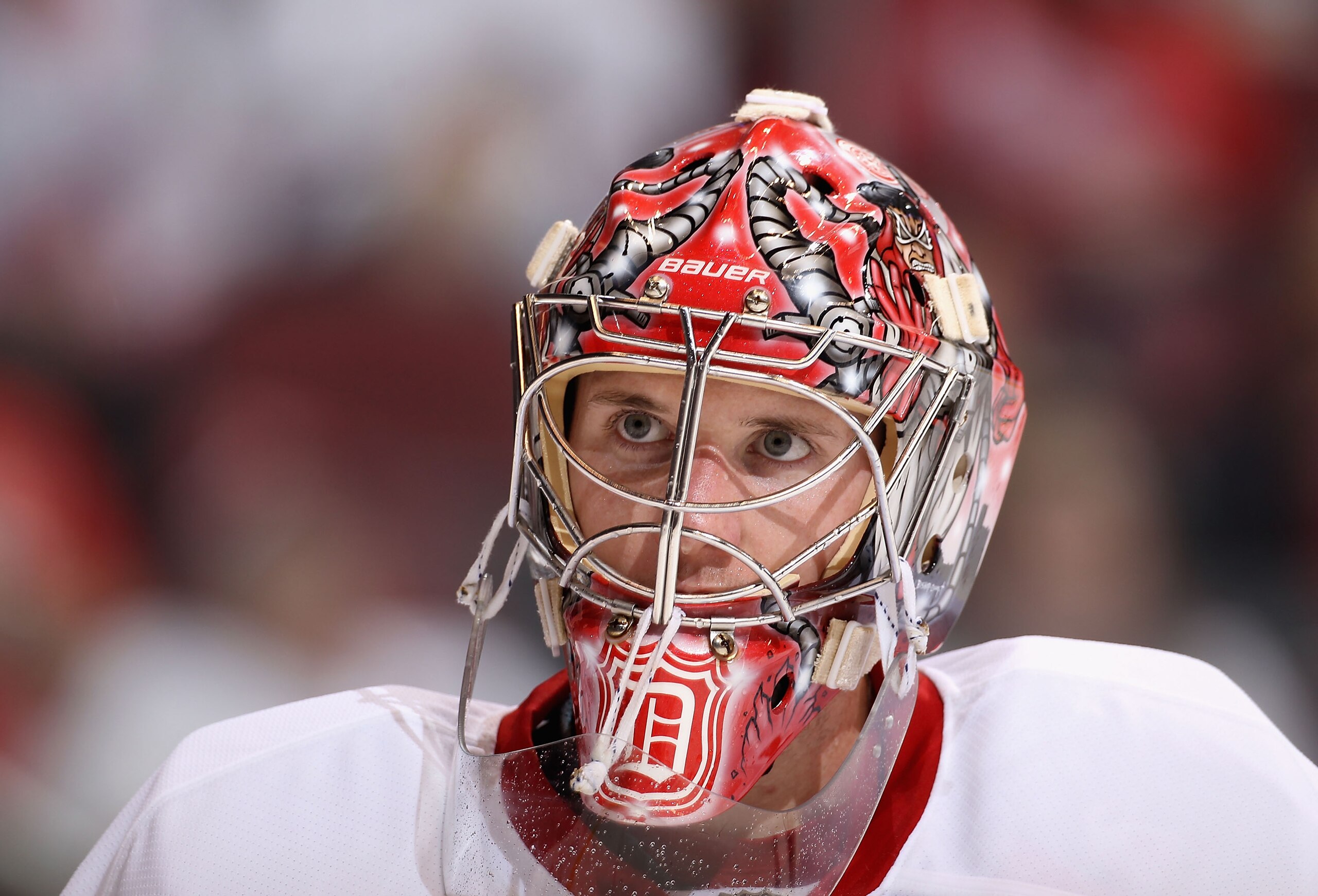 GLENDALE, AZ - OCTOBER 16:  Goaltender Jimmy Howard #35 of the Detroit Red Wings during a break from the NHL game against the Phoenix Coyotes at Jobing.com Arena on October16, 2010 in Glendale, Arizona.  The Red Wings defeated the Coyotes 2-1 in overtime.