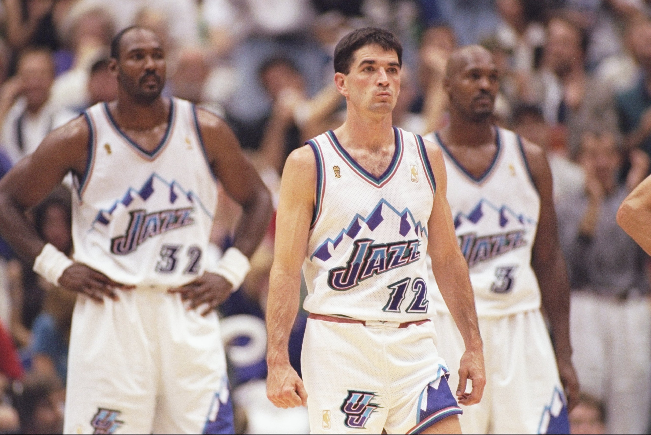 8 Jun 1997: John Stockton #12, Karl Malone #32 and Bryon Russell #3 of the Utah Jazz during the Jazz 78-73 win over the Chicago Bulls in Game 4 of the NBA Finals at the Delta Center in Salt Lake City, Utah. Mandatory Credit: Brian Bahr /Allsport 8 Jun 1997: John Stockton #12, Karl Malone #32 and Bryon Russell #3 of the Utah Jazz during the Jazz 78-73 win over the Chicago Bulls in Game 4 of the NBA Finals at the Delta Center in Salt Lake City, Utah. Mandatory Credit: Brian Bahr /Allsport