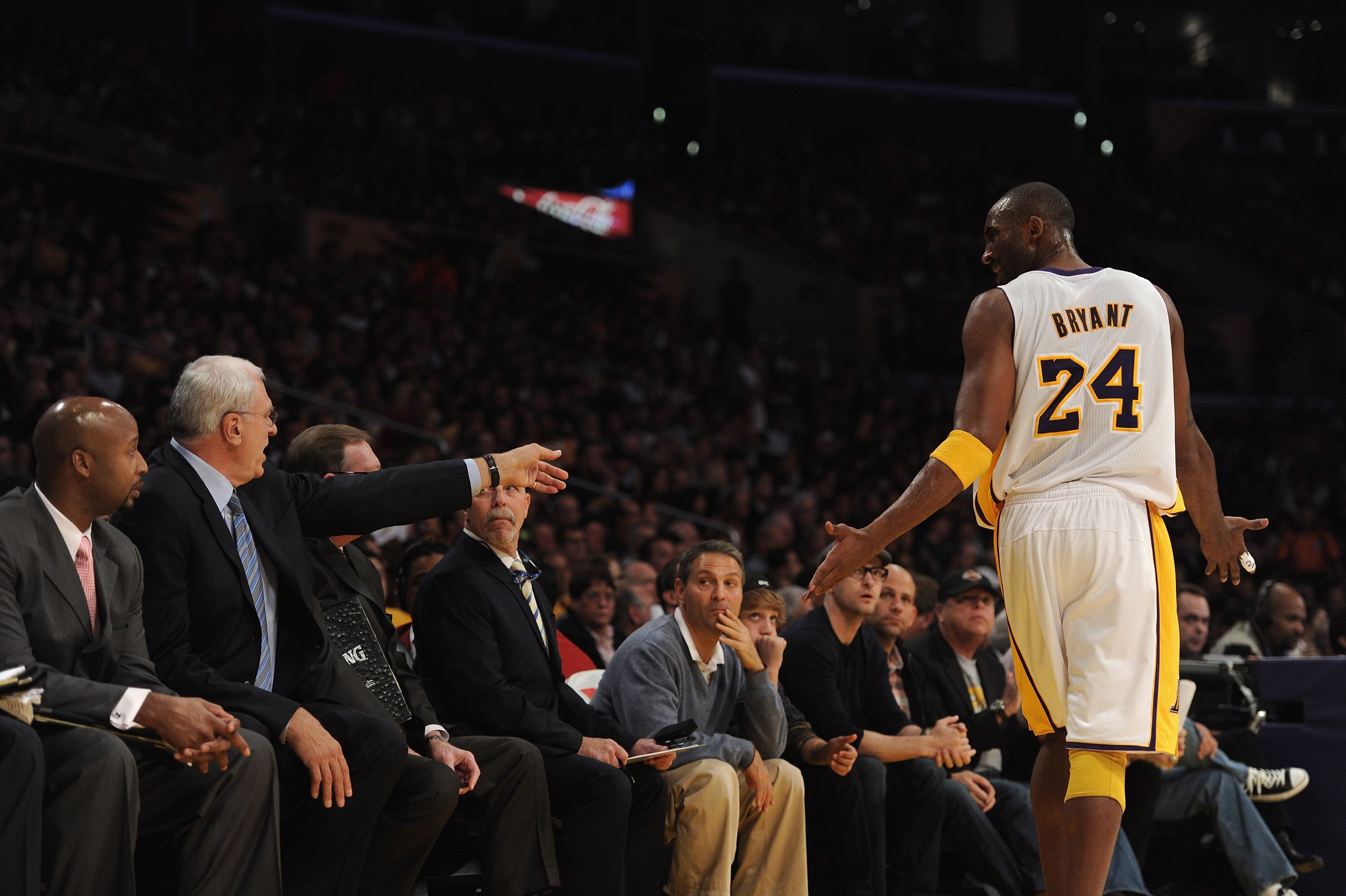LOS ANGELES, CA - NOVEMBER 07:  Kobe Bryant #24 of the Los Angeles Lakers reacts to coach Phil Jackson during the game against the Portland Trail Blazers at the Staples Center on November 7, 2010 in Los Angeles, California.  NOTE TO USER: User expressly a