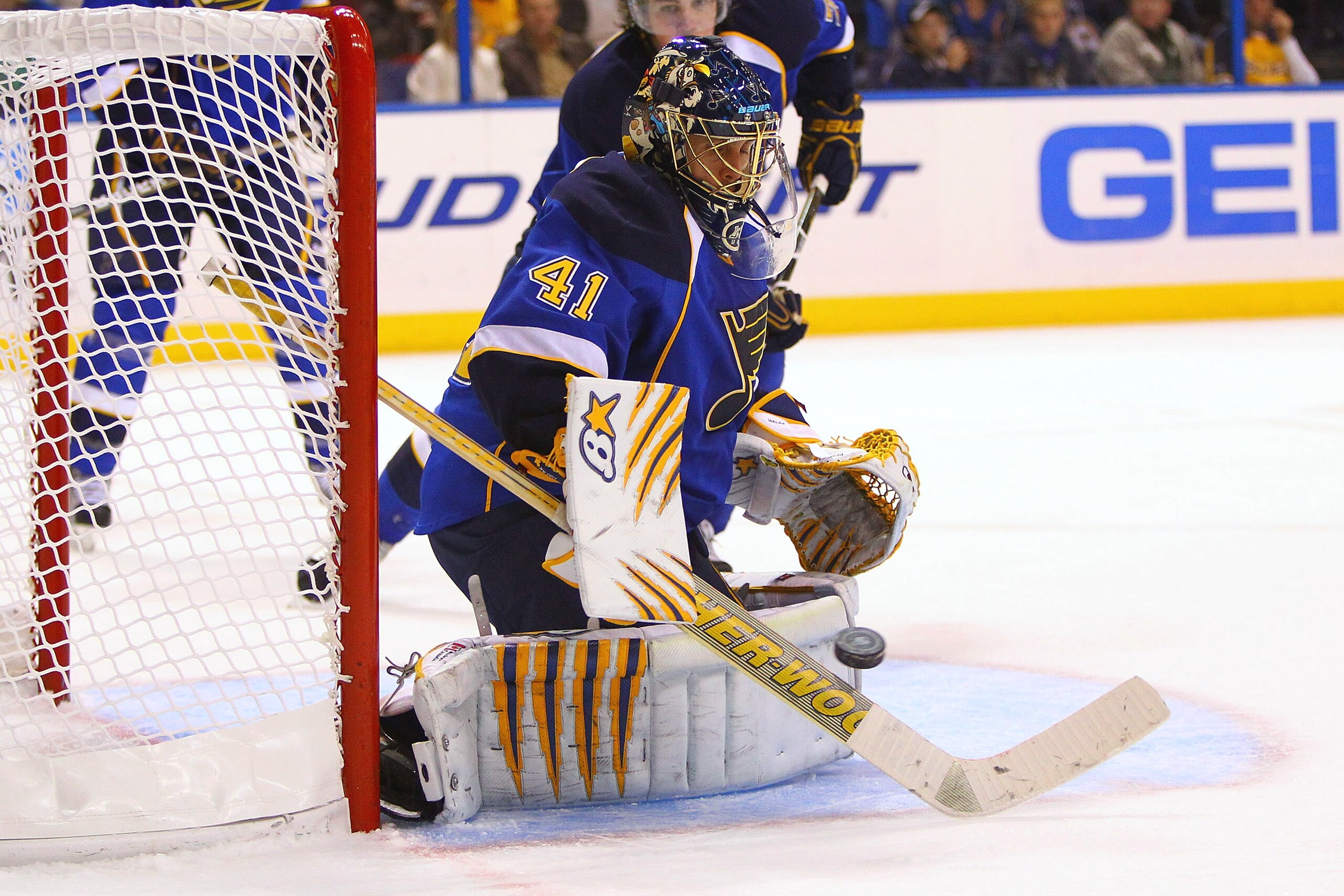 ST. LOUIS - NOVEMBER 4: Jaroslav Halak #41 of the St. Louis Blues makes a save against the San Jose Sharks at the Scottrade Center on November 4, 2010 in St. Louis, Missouri.  The Blues beat the Sharks 2-1.  (Photo by Dilip Vishwanat/Getty Images)