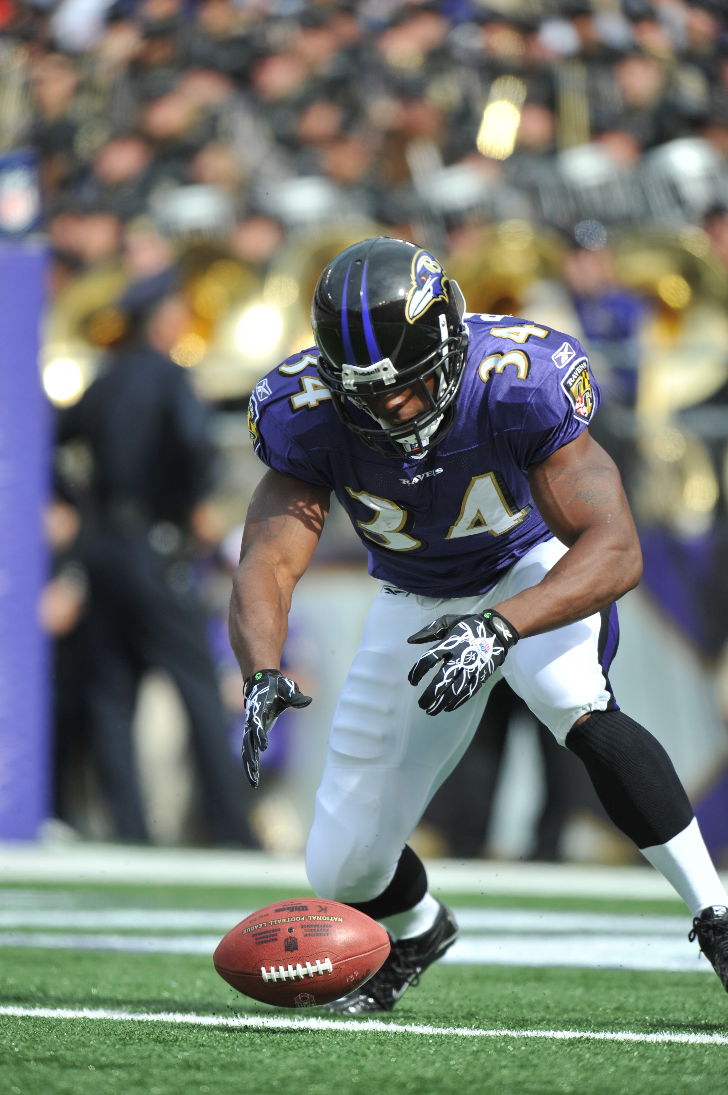 BALTIMORE, MD - OCTOBER 24:  Jalen Parmele #34 of the Baltimore Ravens drops a kickoff against the Buffalo Bills at M&T Bank Stadium on October 24, 2010 in Baltimore, Maryland. The Ravens defeated the Bills 37-34. (Photo by Larry French/Getty Images)