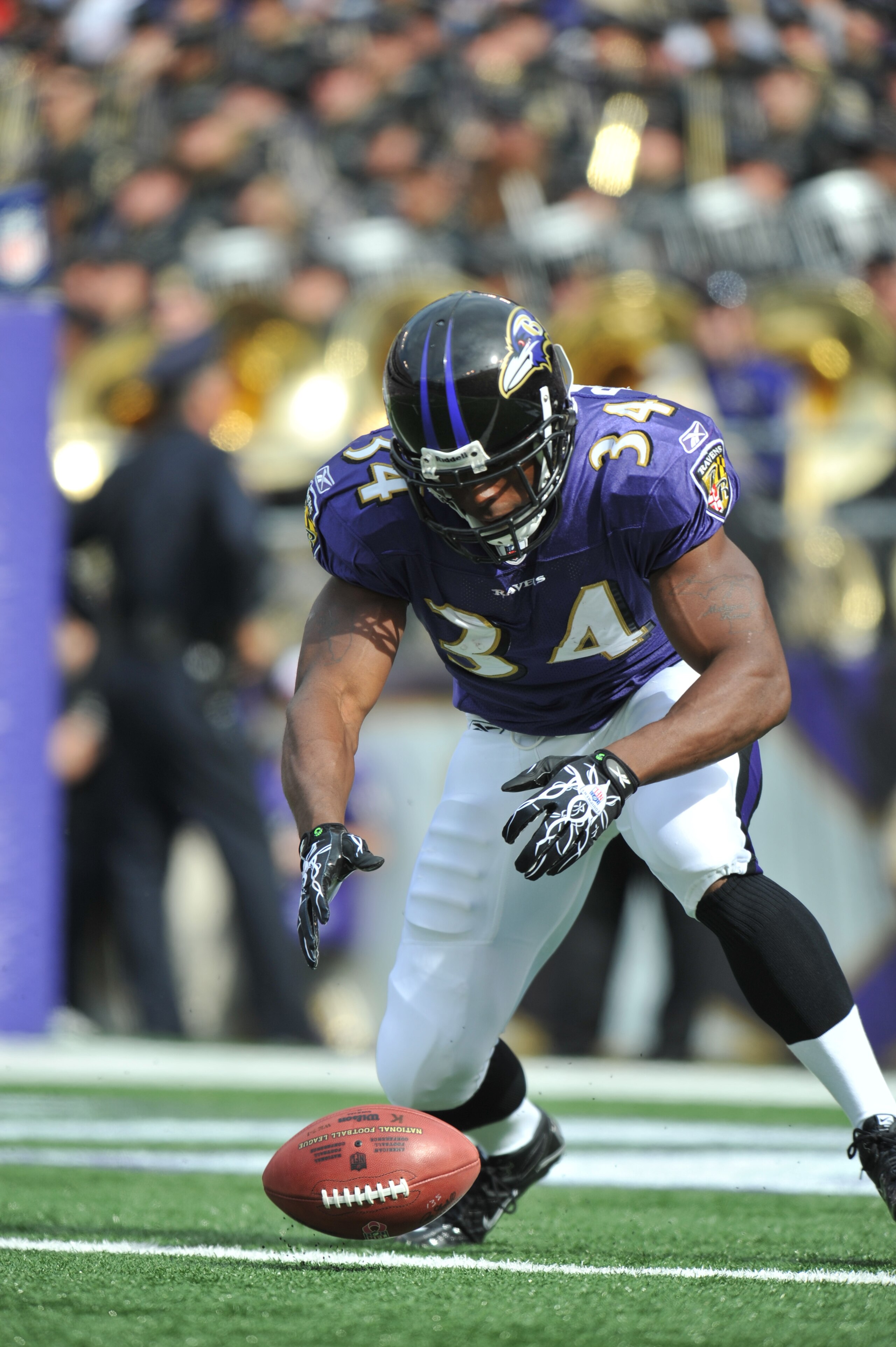 BALTIMORE, MD - OCTOBER 24:  Jalen Parmele #34 of the Baltimore Ravens drops a kickoff against the Buffalo Bills at M&T Bank Stadium on October 24, 2010 in Baltimore, Maryland. The Ravens defeated the Bills 37-34. (Photo by Larry French/Getty Images)