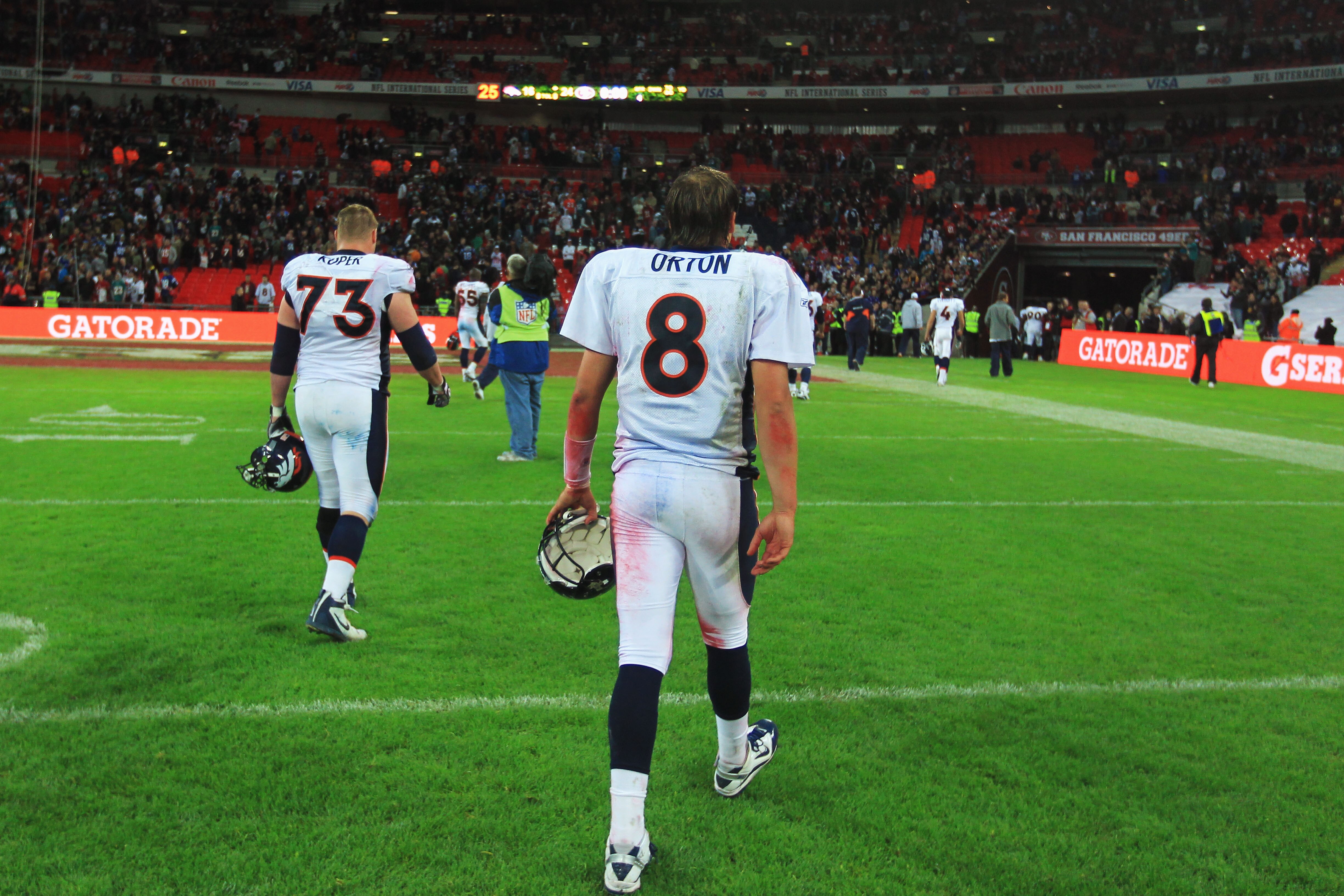 LONDON, ENGLAND - OCTOBER 31:  Quarterback Kyle Orton #8 of Denver Broncos is dejected in defeat after the NFL International Series match between Denver Broncos and San Francisco 49ers at Wembley Stadium on October 31, 2010 in London, England. This is the