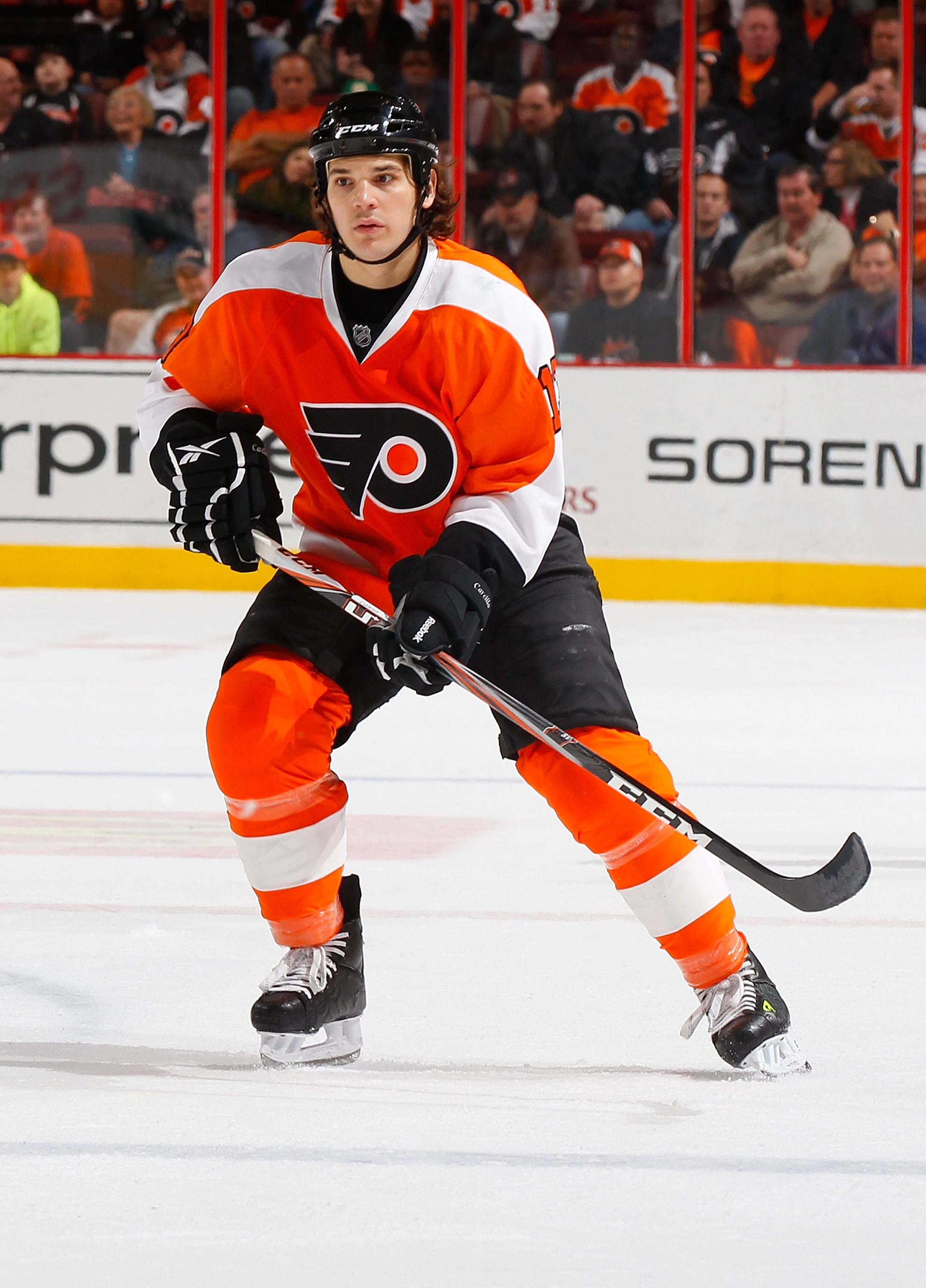 PHILADELPHIA - NOVEMBER 01:  Daniel Carcillo #13 of the Philadelphia Flyers skates against the Carolina Hurricanes on November 1, 2010 at the Wells Fargo Center in Philadelphia, Pennsylvania. Flyers defeat the Hurricanes 3-2.  (Photo by Mike Stobe/Getty I