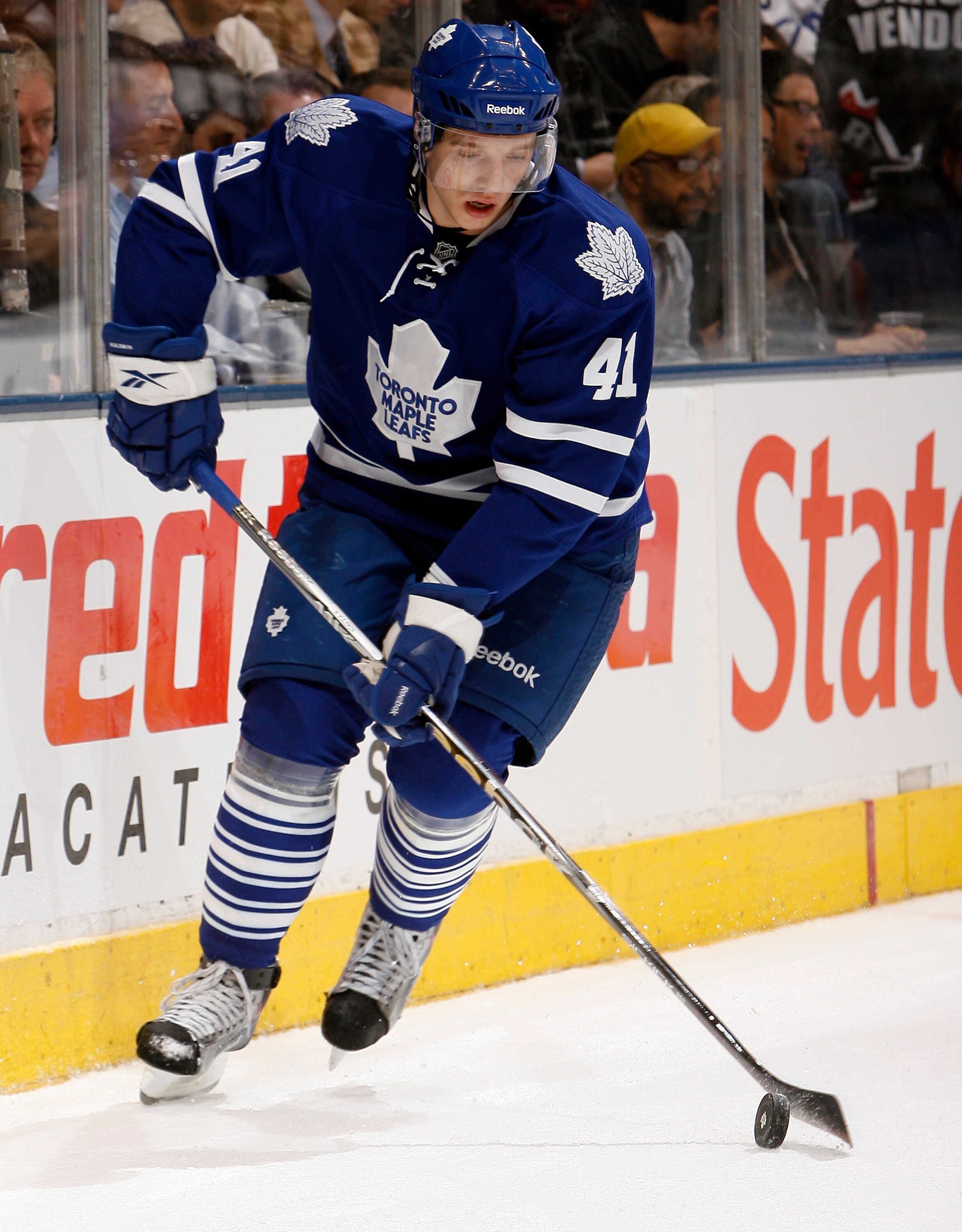 TORONTO - OCTOBER 26: Nikolai Kulemin #41 of the Toronto Maple Leafs carries the puck against the Florida Panthers during game action at the Air Canada Centre October 26, 2010 in Toronto, Ontario, Canada. The Leafs won 3-1. (Photo by Abelimages/Getty Imag